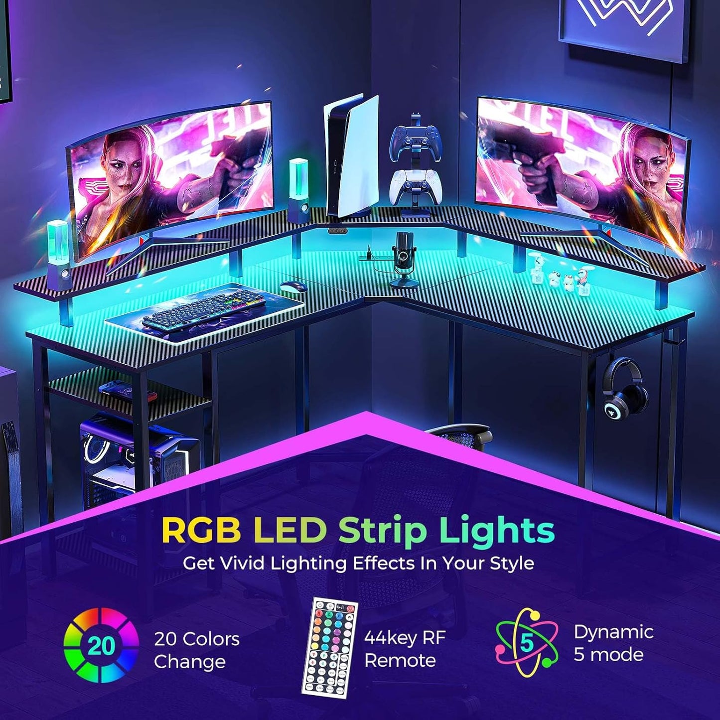 Rolanstar L Shaped Gaming Desk with LED Lights & Power Outlets, 46.2" Computer Desk with Full Monitor Stand & Storage Shelf, Corner Desk with Hooks, Carbon Fiber Desk Reversible