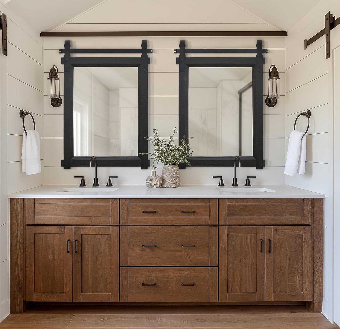 Farmhouse Barn Door Mirror: 22"x30" Black Rustic Wood Frame Mirror for Wall - Home Decor for Entryway/Bathroom/Living Room