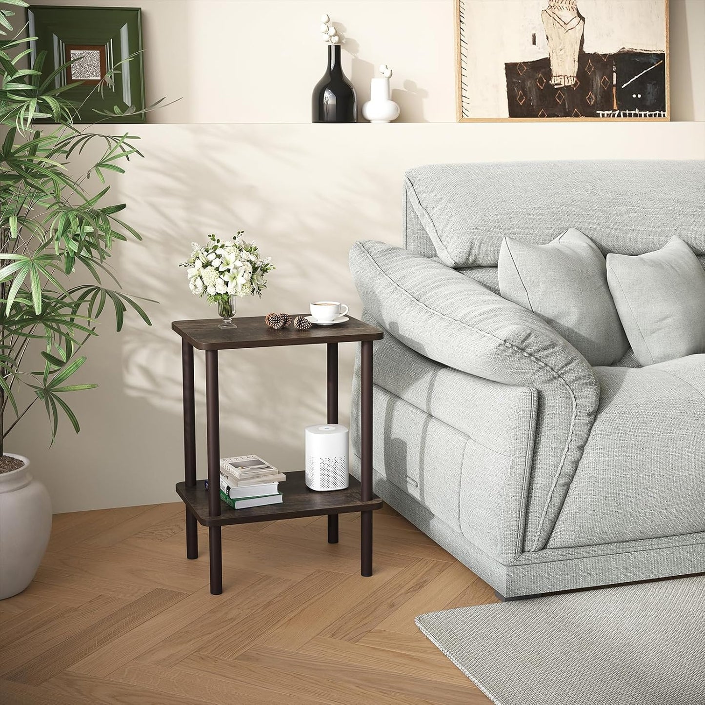 Apicizon 2 Tier End Table, Small Side Table with Solid Wood Legs, Boho Bedside Table with Storage Shelf, Nightstand for Small Spaces, Bedroom, Living Room, Entryway, Easy Assembly, Rustic Oak