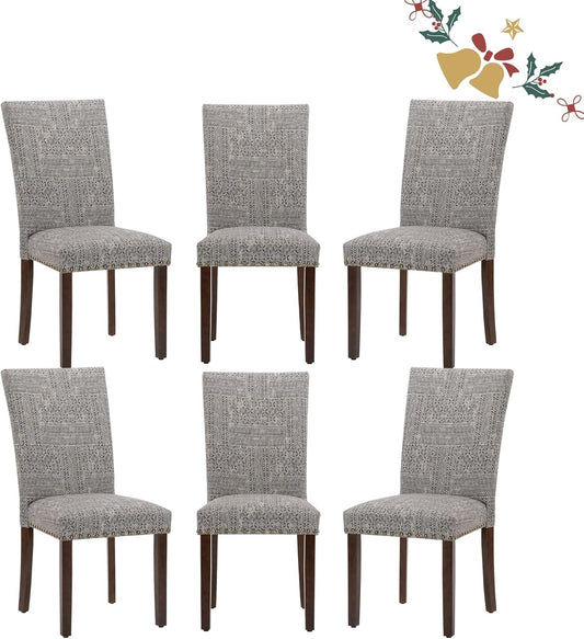 Parsons Dining Chairs Set of 6, Upholstered Nailhead Dining Room Kitchen Side Chair with Thick Cushions and Wood Legs, Black/White