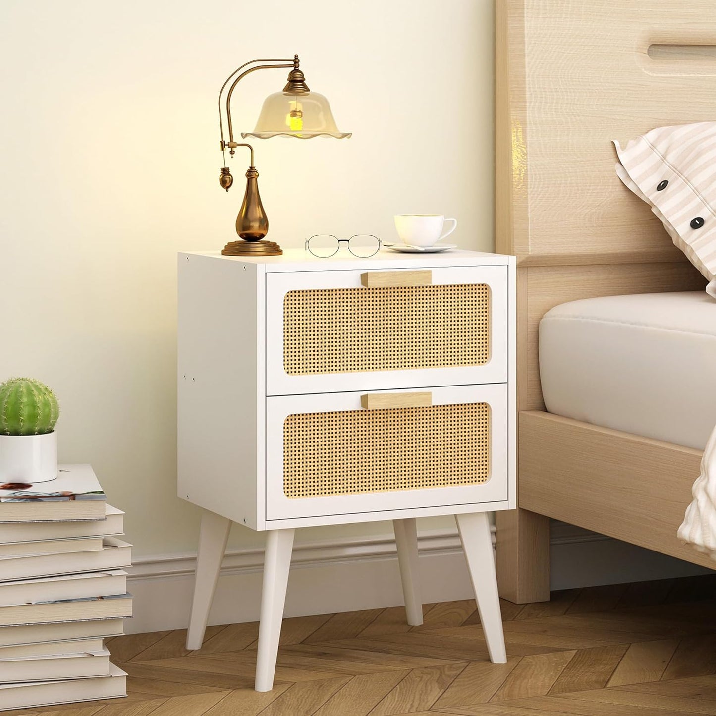 Rattan Nightstand, Wood End Table, Side Table with 2 Hand Made Rattan Decorated Drawers,Boho Bedside Table,Wood Accent Table with Storage for Livingroom, Bedroom, White CTG59W