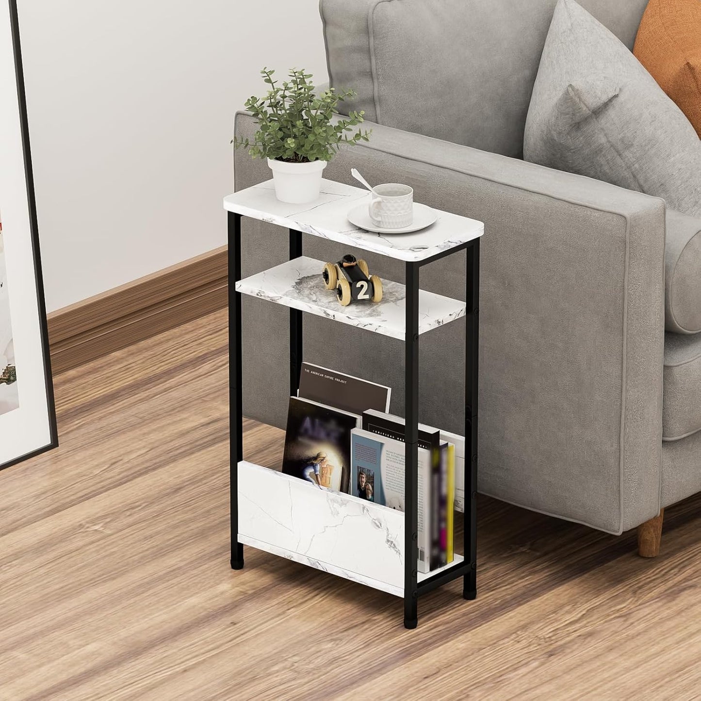 7.1" Narrow Side Table for Small Spaces, 3 Tier Small End Table with Magazine Holder, Slim/Skinny Nightstand/Bedside Table for Living Room, Bedroom, 15.4" L x 24.2" H, Faux White Marble