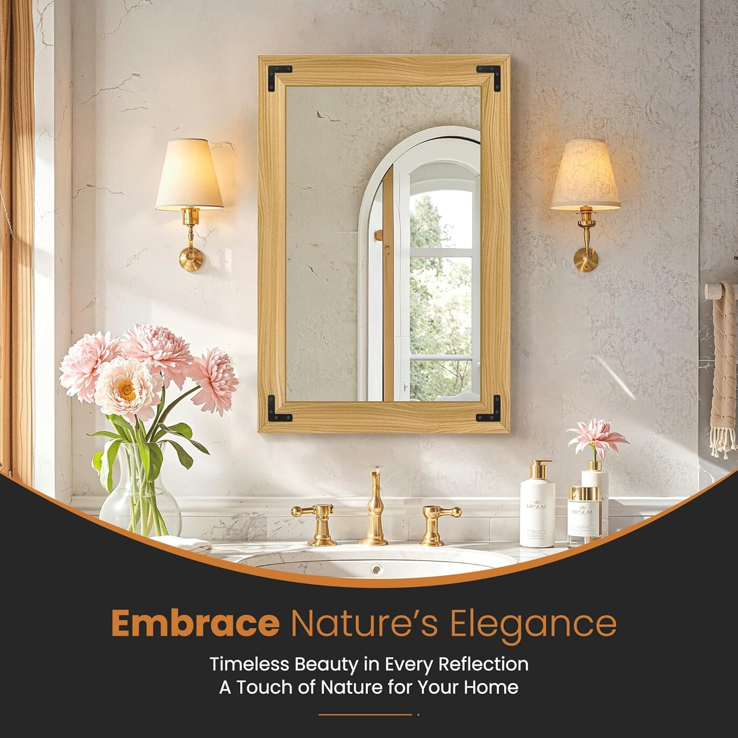 Bathroom Mirror for Wall with Wooden Frame, 36"x24" Solid Wood Vanity Mirror for Farmhouse, Bathroom, Bedroom Decor, Vertical or Horizontal Hanging(Natural)