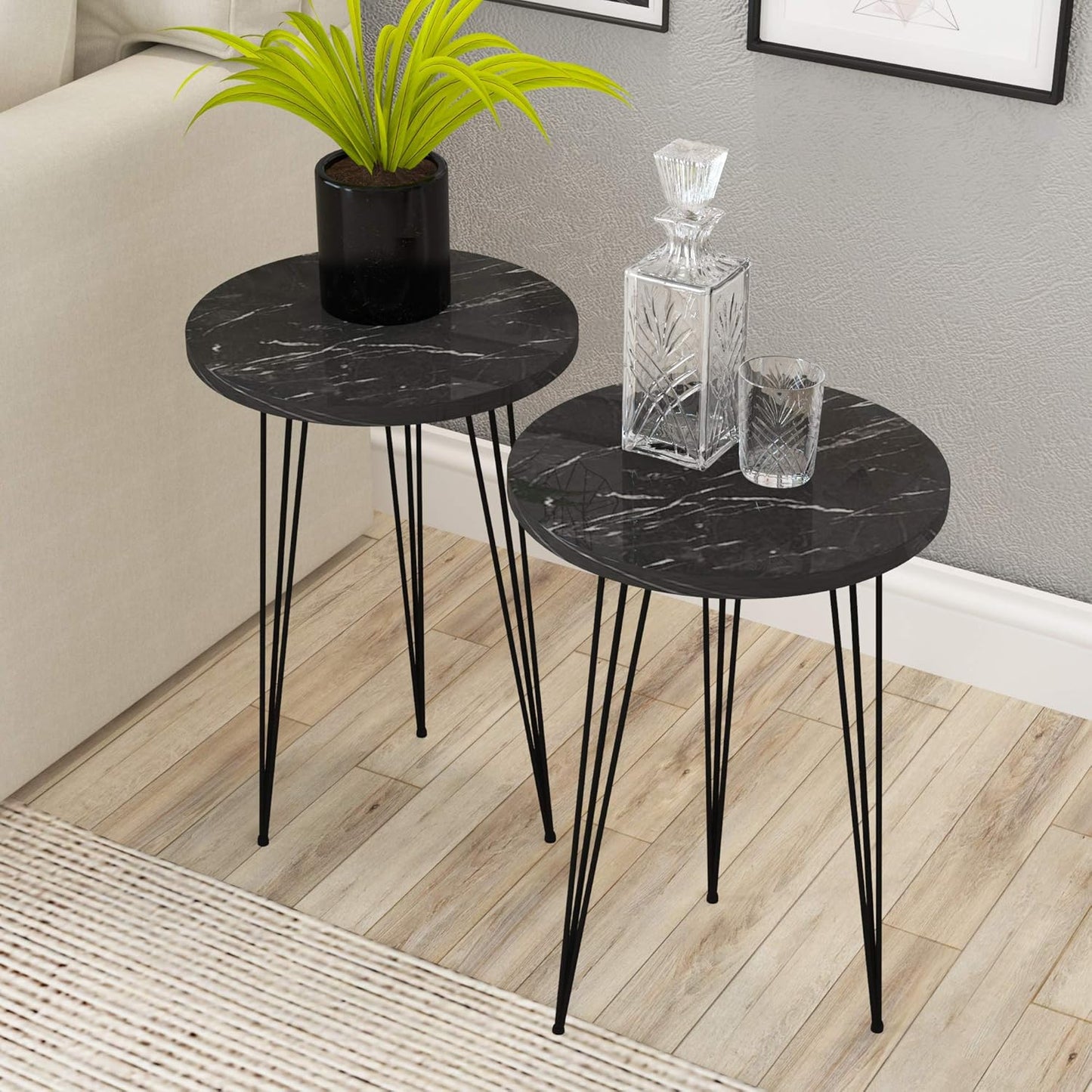 PAK HOME Set of 2 Black Marble End Tables Round Wood Sofa Side Coffee Tables for Small Spaces, Nightstand Bedside Table with Metal Legs for Bedroom, Living Room, Office, Balcony