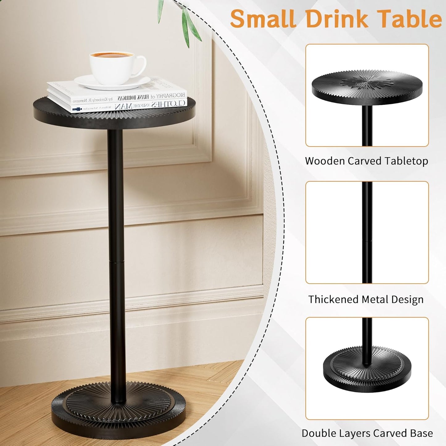 Carved Drink Table, Round Small Side Table for Small Spaces, Modern Accent Tables, End Tables with Carved Top & Base for Living Room, Bedroom, Corners, and Office (Black, 11.81 inch)