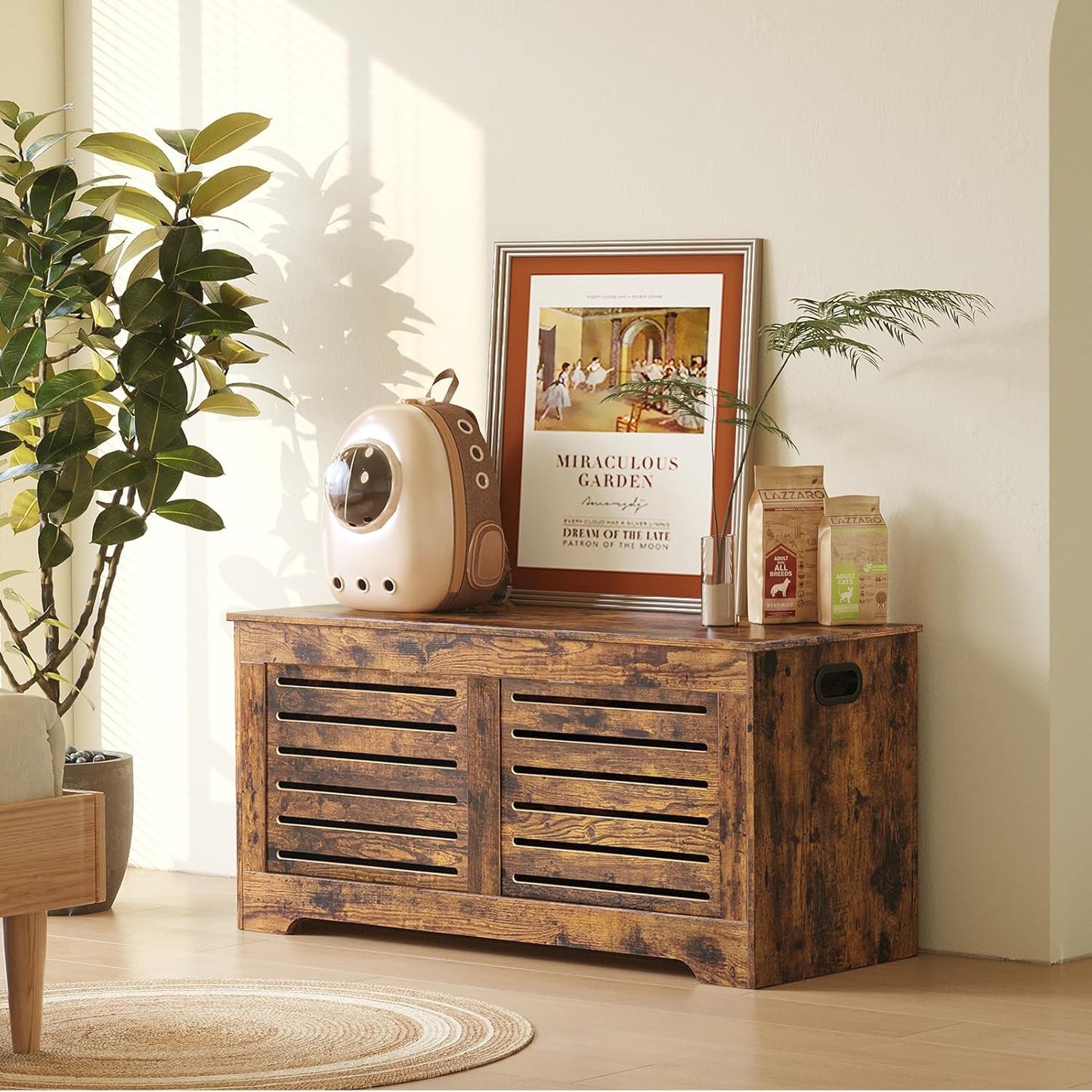 DINZI LVJ Storage Chest, 39.4”Wooden Toy Box with 2 Safety Hinges, Retro Entryway Shoe Storage Bench with Flip-Top, Sturdy Large Storage Trunk for Living Room, Bedroom, Easy Assembly, Rustic Brown