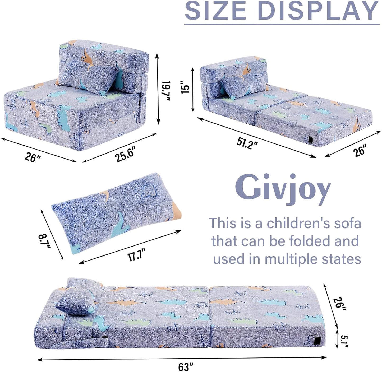 Folding Sofa Bed Floor Mattress for Kids With Pillow - Toddler Glow Washable Nap Mat for Sleeping, Child Fold Up Futon Chair Bed With Storage Bag for Girls Boys
