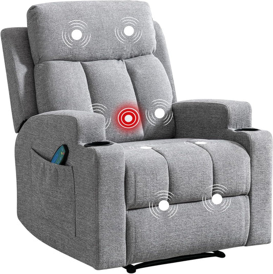 Phoenix Home Manual Recliner Chair with Massage and Heat Ergonomic Overstuffed Breathable Fabric Reclining Chair with 2 Side Pockets, 2 Cup Holders, Remote Control, Living Room, Bedroom, Gray