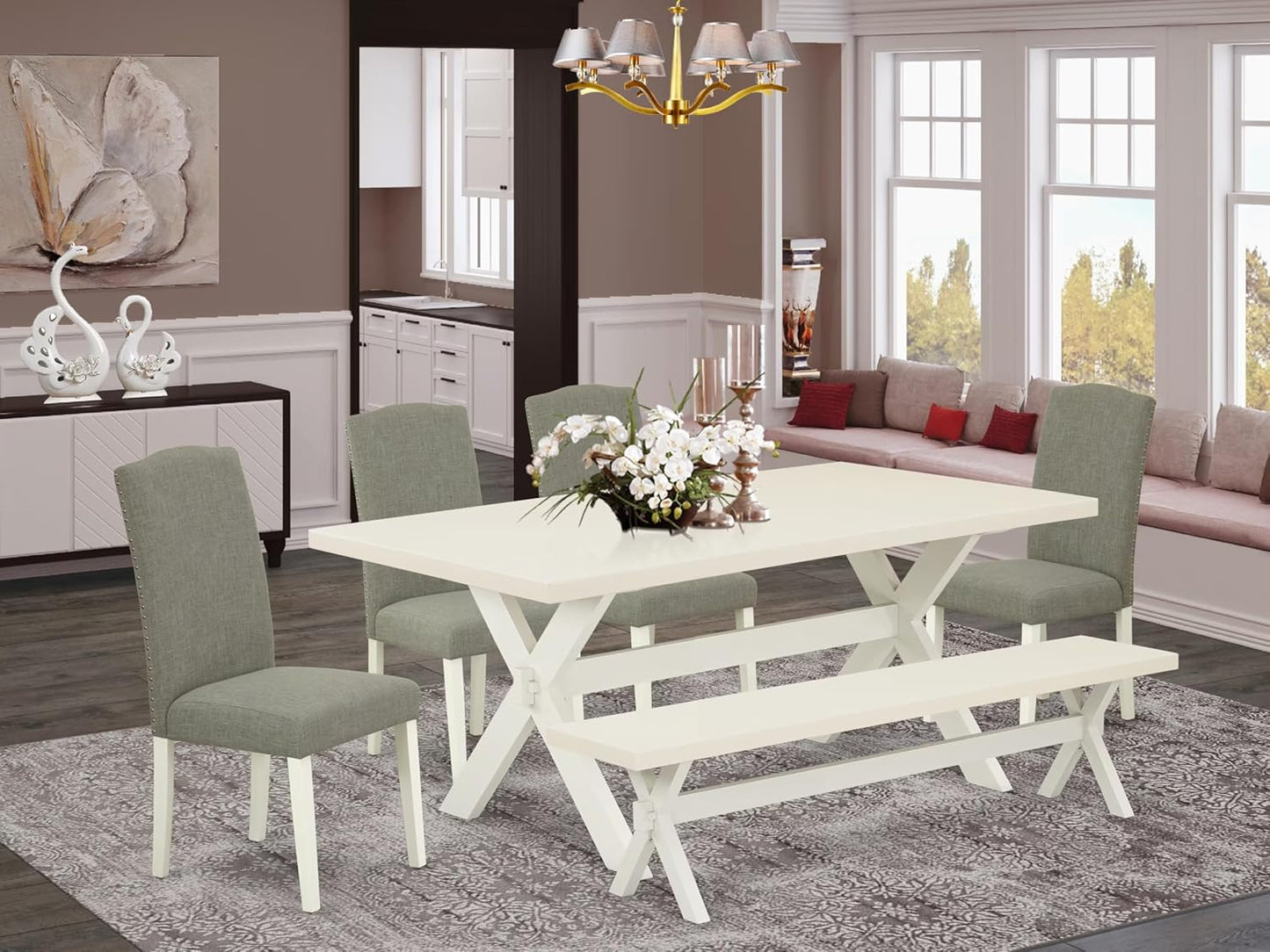 East West Furniture X027EN206-6 6 Piece Kitchen Table Set Contains a Rectangle Dining Table with X-Legs and 4 Dark Shitake Linen Fabric Parson Chairs with a Bench, 40x72 Inch, Multi-Color