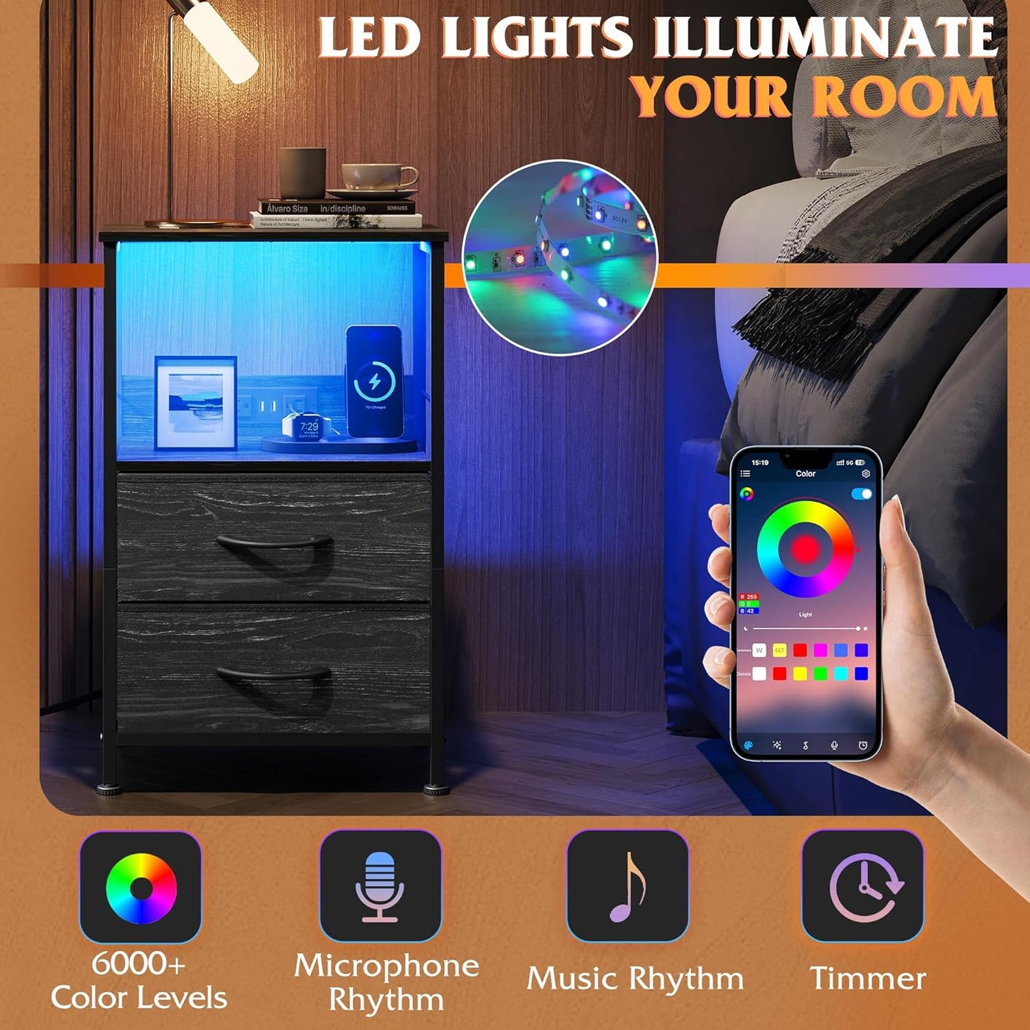 WLIVE Night Stand with Charger Station, LED Nightstand for Bedroom, Small Dresser with 2 Fabric Drawers for Small Spaces, Bed Side Table, Charcoal Black and Wood Grain Print