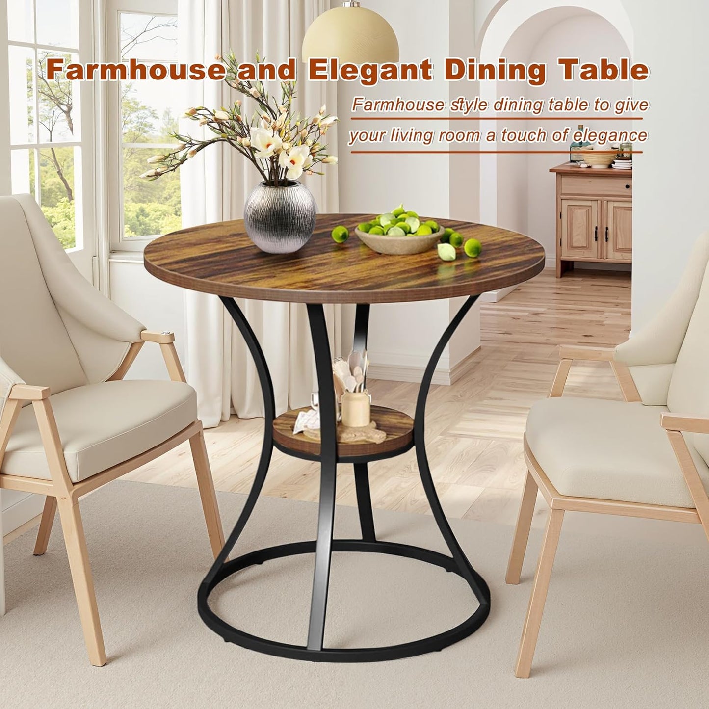 Round Dining Table for 2-4, 31.5" Small Dinner Table Kitchen Tables with Storage Shelf for Dining Room, Kitchen, Living Room, Brown and Black