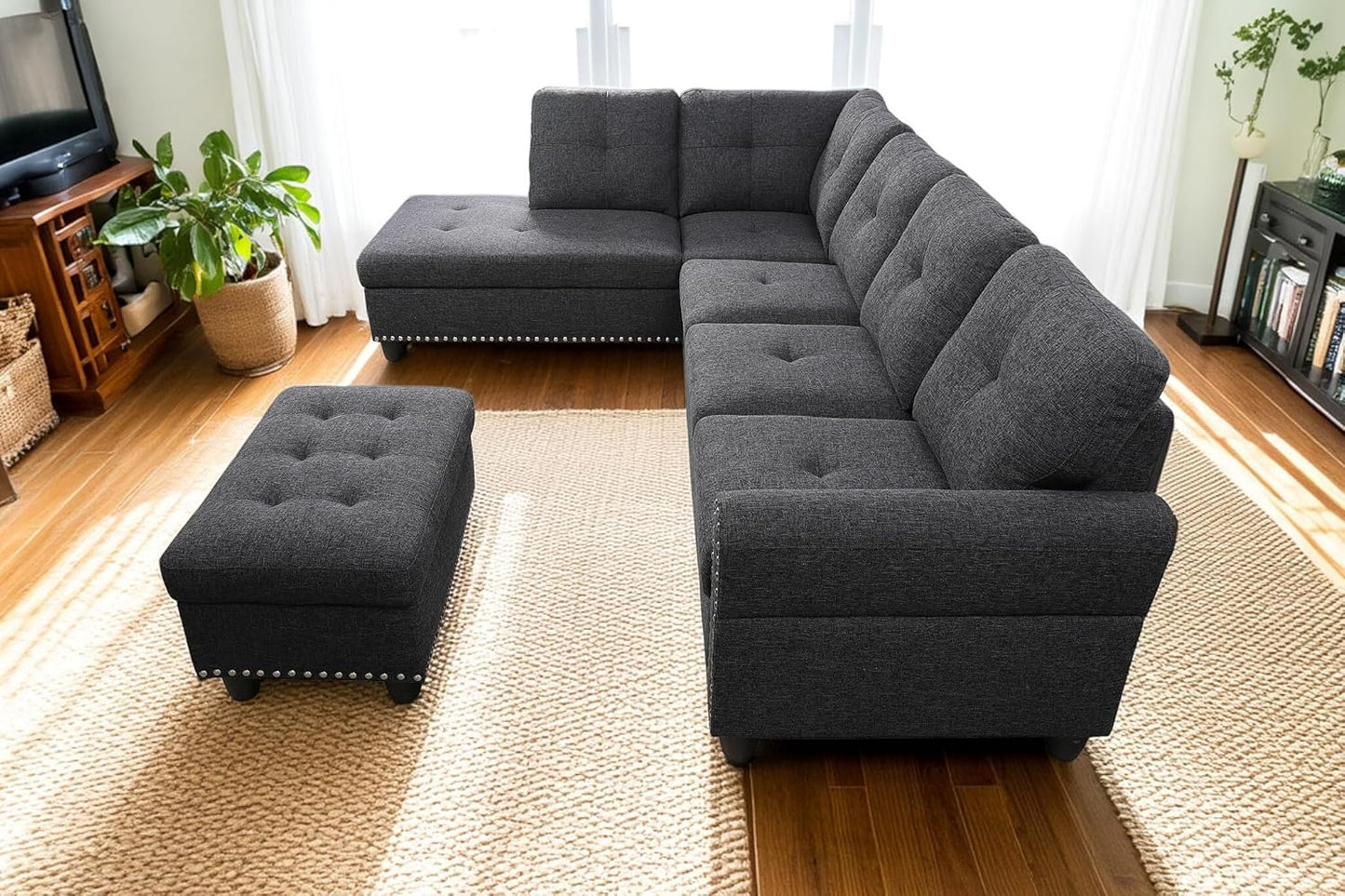 98 Inch L Shaped Sectional Sofa with Chaise Lounge, Storage Ottoman and 2 Pillows, 4-Seaters Linen Upholstered Tufted Couch w/Cupholder & Nailhead Trim for Living Room, Office, Charcoal Grey
