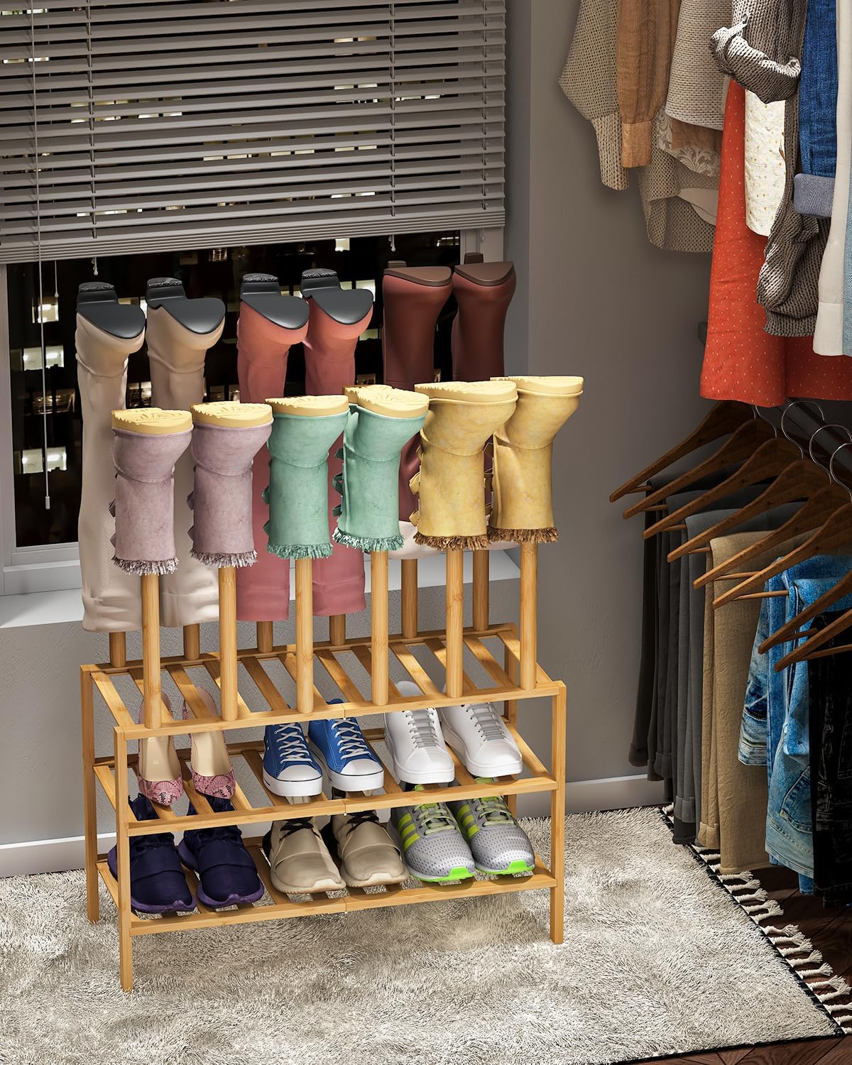 Boot Rack with Shoe Rack, Boot Rack Organizer Tall Boots for Closet, Bamboo Wood Shoe Shelf Storage Organizer for Entryway Small Space
