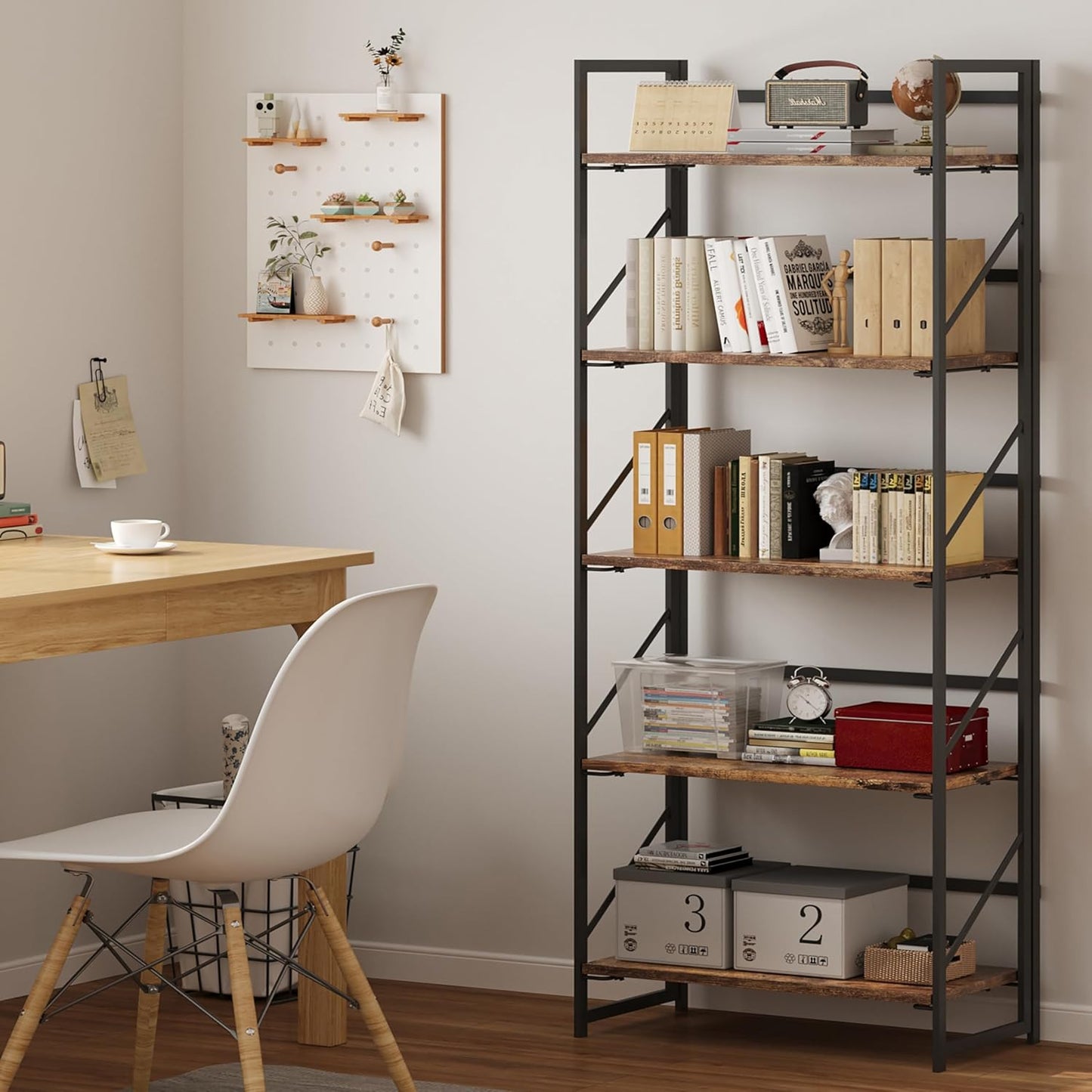 JSB No Assembly Folding Bookshelf, 5 Tier Industrial Metal Book Shelf for Storage, Vintage Wood Foldable Bookcase for Living Room, Bedroom, Office Organization Shelves