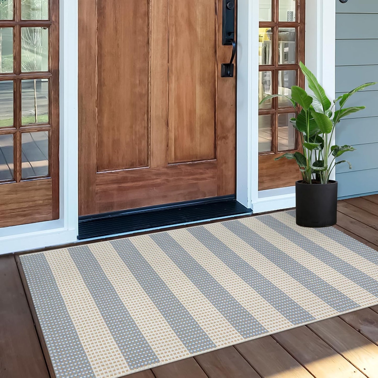 OJIA Outdoor Porch Rug Front Door Mat 24'x51, Washable Checkered Entry Striped Front Door Rug Cotton Woven Kitchen Carpet Small Area Rug for Entryway Patio Bedroom Bathroom (Blue/White/Tan)