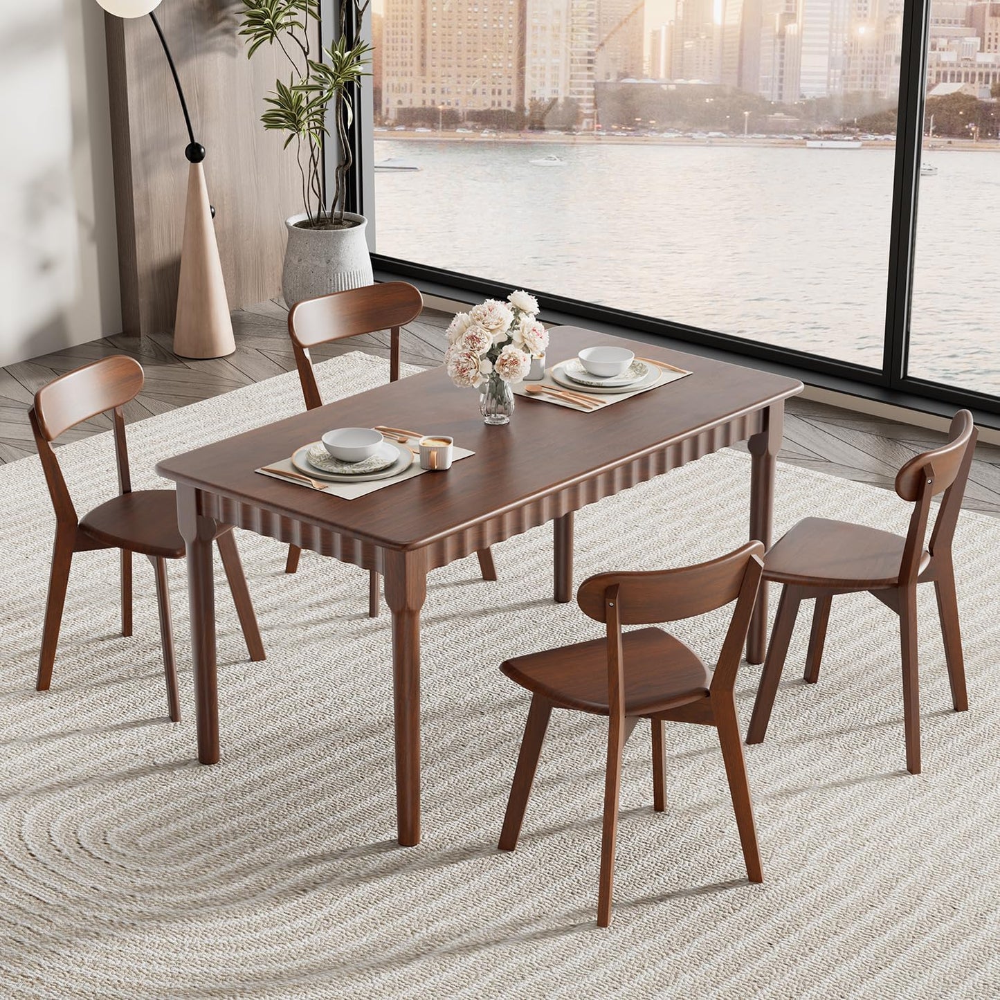 Solid Wood Dining Chairs Set of 4, Farmhouse Kitchen Chairs with Oak Backrest, Wooden Dining Room Chairs for Dining Room, Living Room, Non-Slip Foot Pads, Walnut