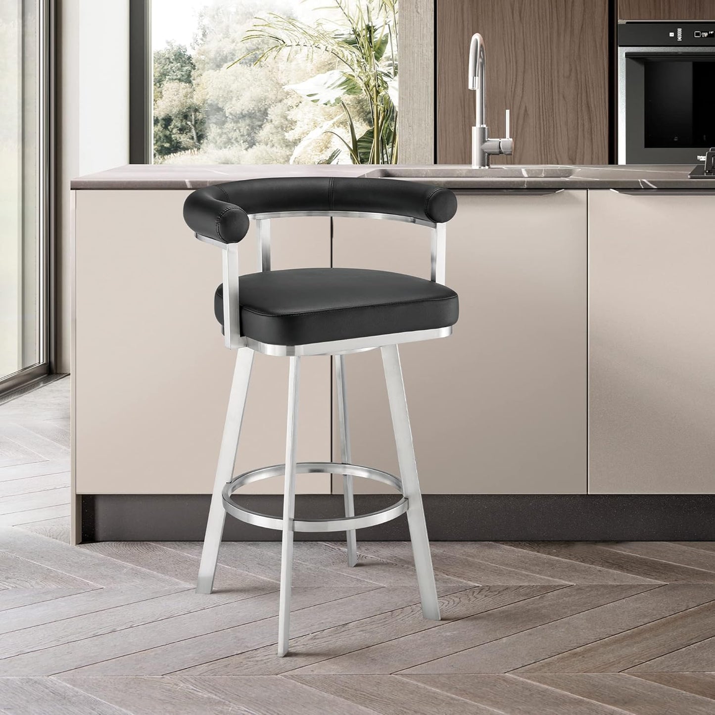 Armen Living Magnolia Swivel Bar Stool in Brushed Stainless Steel with Black Faux Leather