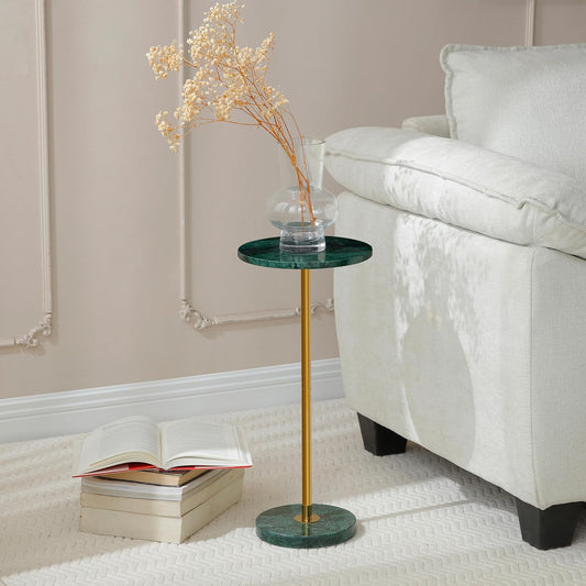 Φ9.8-inch Marble Round Drink Table, Stone Finish Pedestal End Table for Living Room, Weighted Base Small Accent Side Table for Small Space - Emerald Green