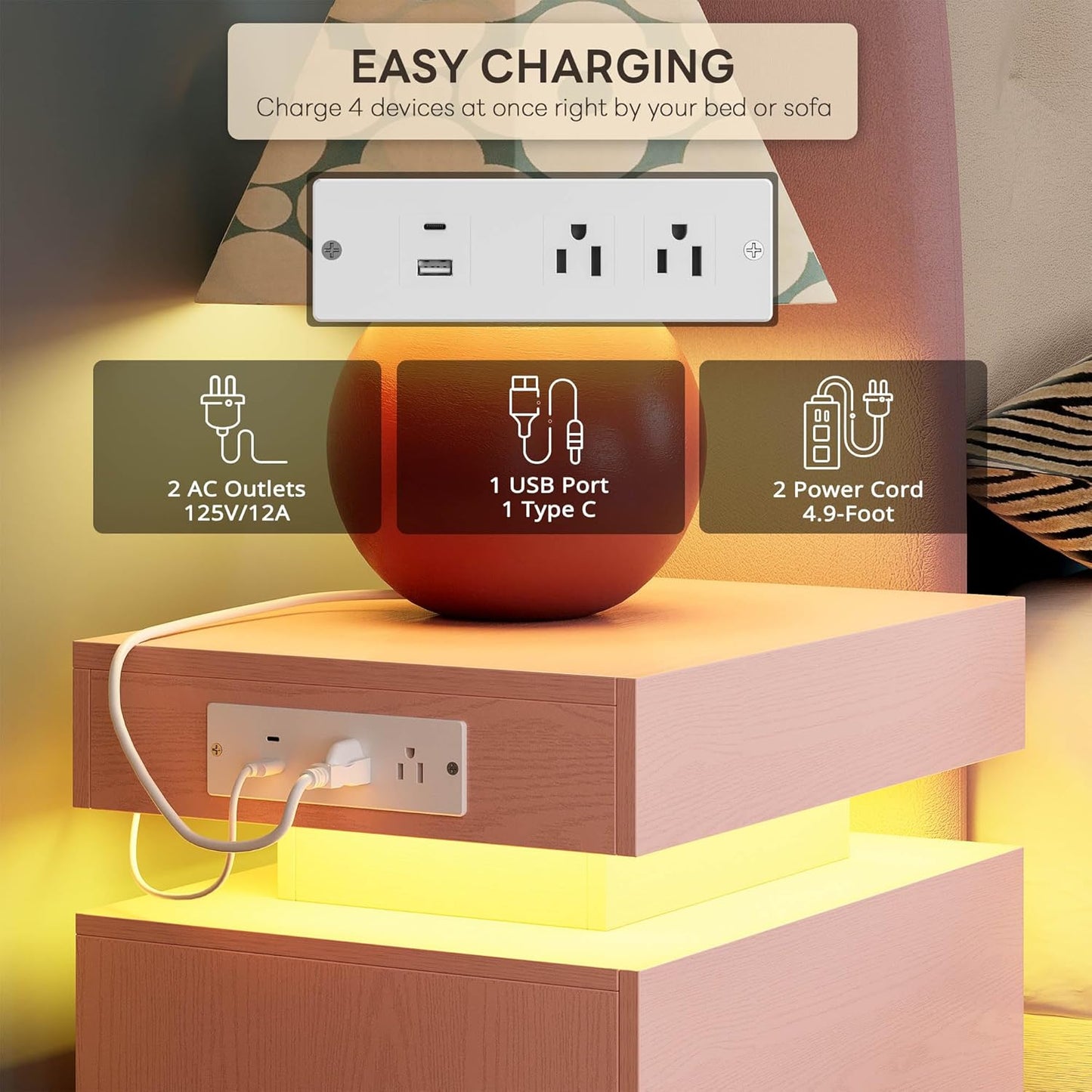 LIKIMIO Night Stand with Charging Station, Modern Pink Nightstand with LED Light and Drawers, Bedside Tables/End Table for Bedroom