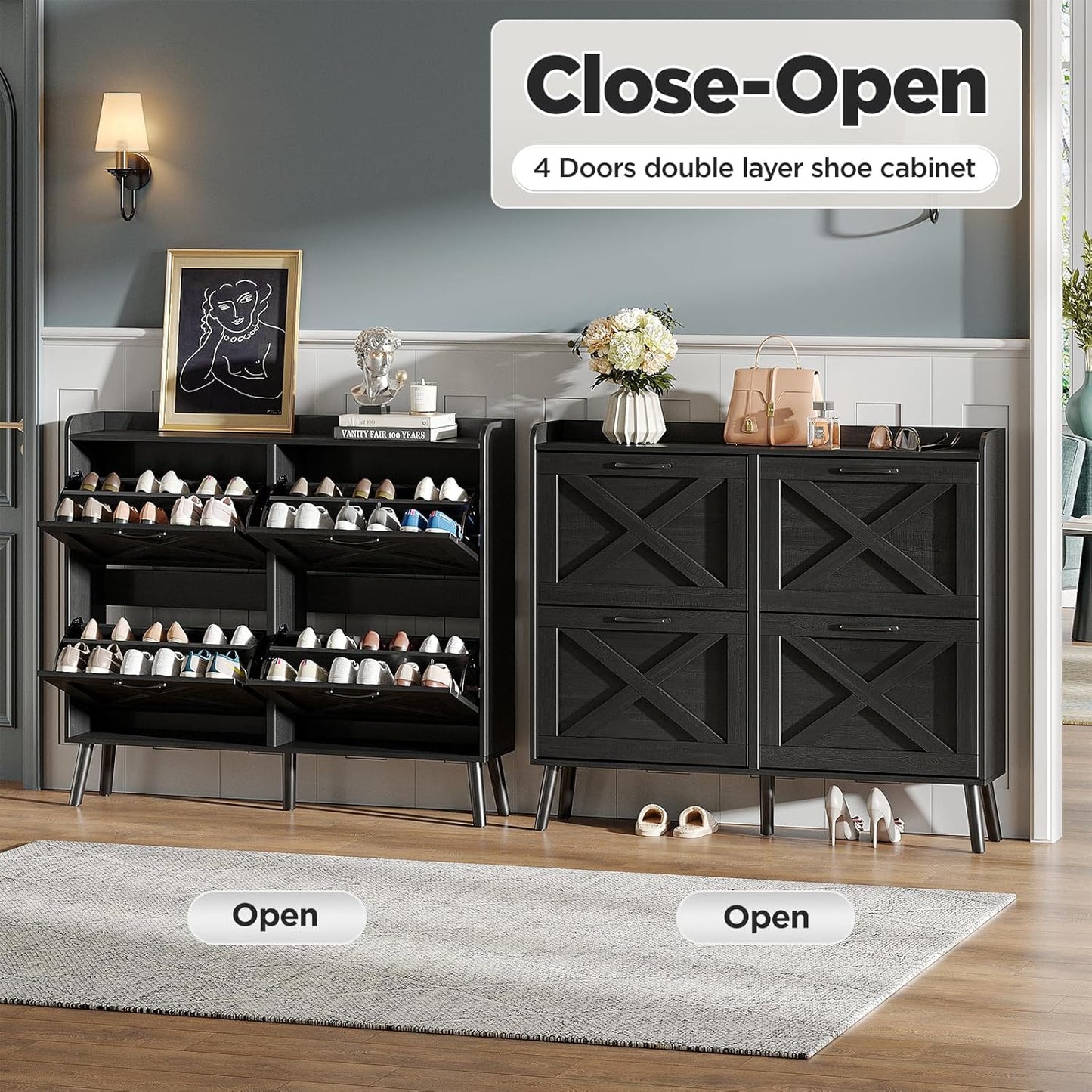 Maupvit Large Shoe Storage Cabinet with 4 Flip Drawers, Narrow Shoe Cabinet for Entryway with Wooden Legs, Freestanding Hidden Shoe Rack Organizer ＆ Metal Hinges, Black