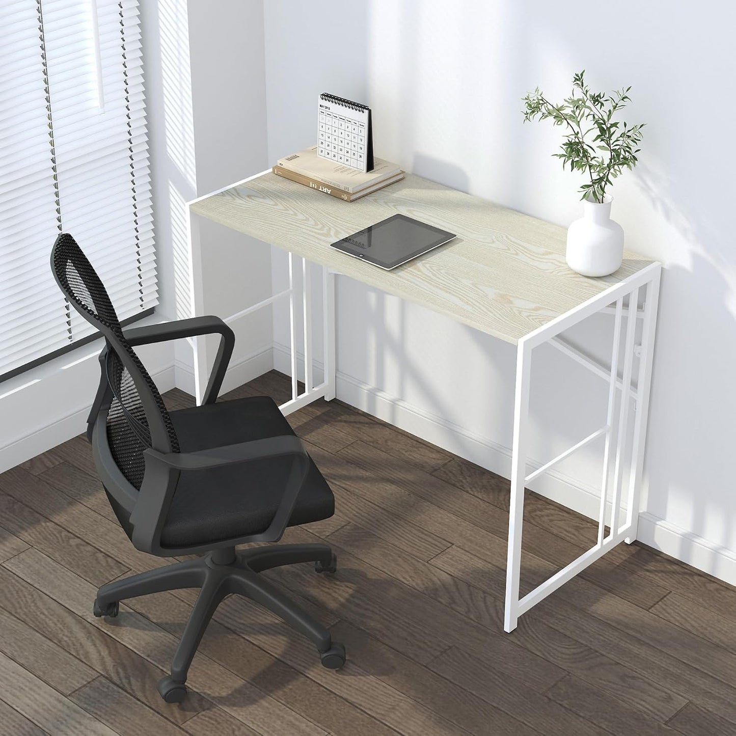 40 inch Folding Desk, Writing Gaming Computer Camping Desk, No Assembly Required Home Office Table, Natural and White