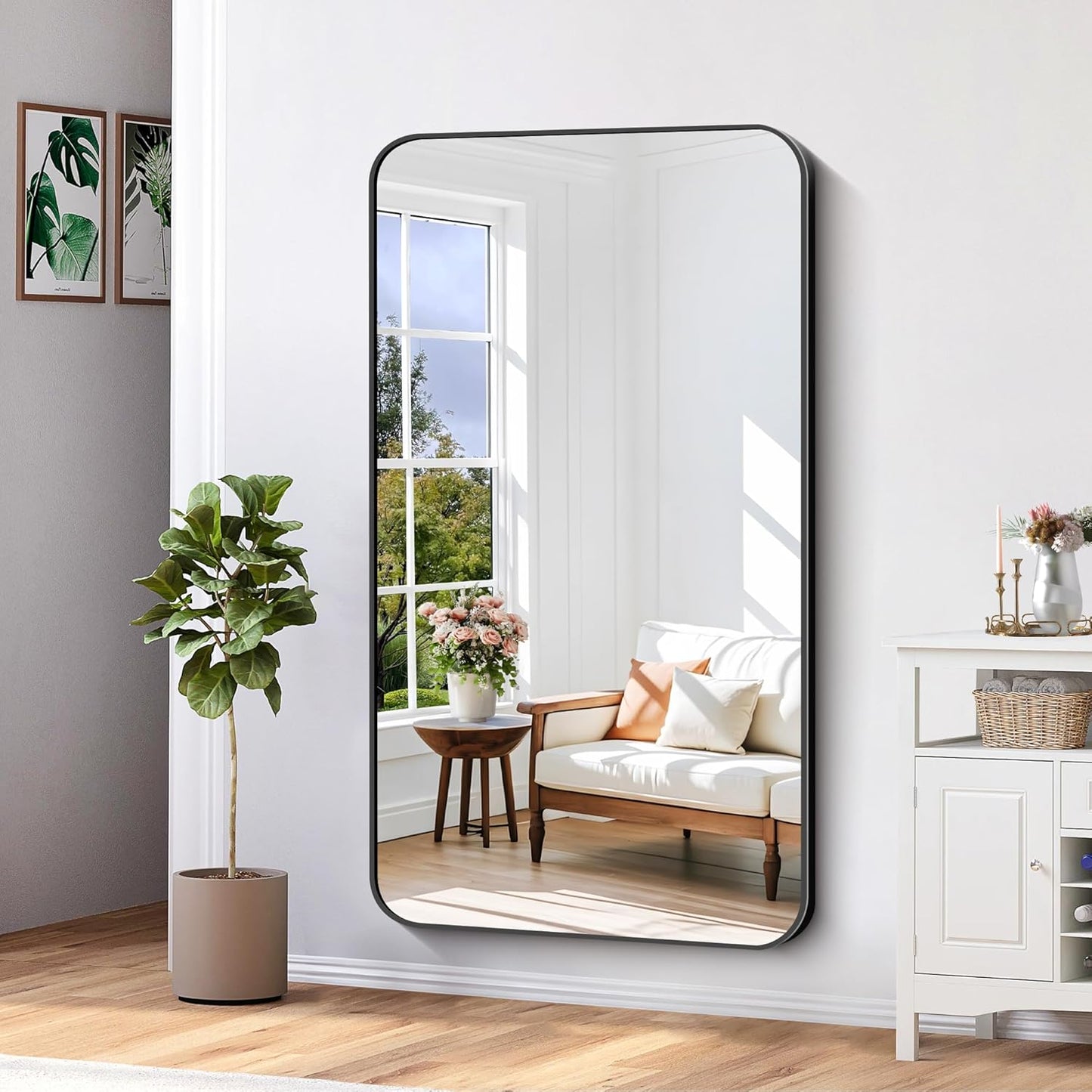 Bathroom Mirror, 30"x55" Black Rectangle Wall Mirror, Metal Frame Rounded Corner Vanity Mirror, Large Wall Mounted Mirror for Modern Bedroom Living Room Horizontal Or Vertical Mounting