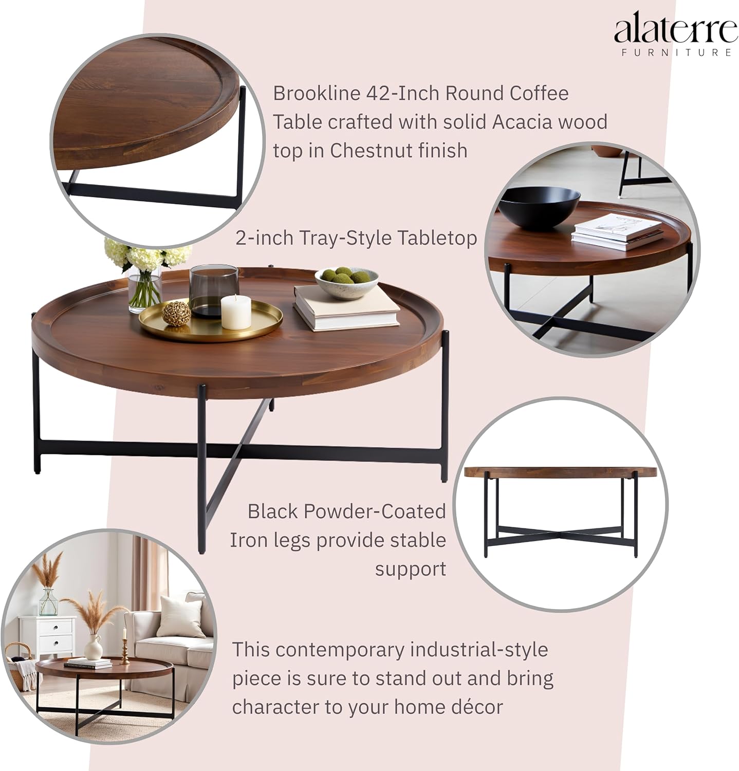 Brookline Solid Acacia Wood 42-Inch Round Coffee Table with Black Powder-Coated Metal Legs – Rustic Industrial Modern Farmhouse Living Room Furniture by Alaterre