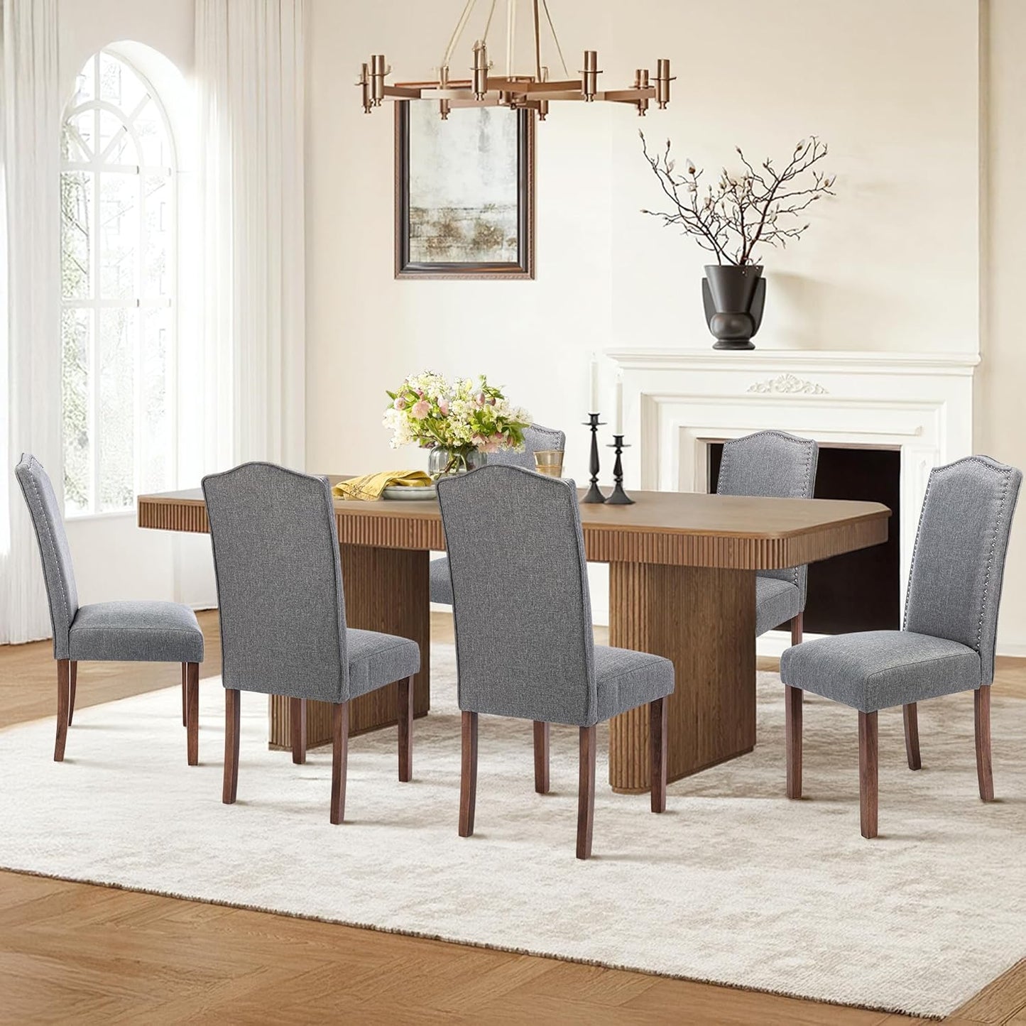 Stylish Upholstered Parsons Dining Chair Kitchen with Silver Nailhead Trim and Sturdy Solid Wood Legs