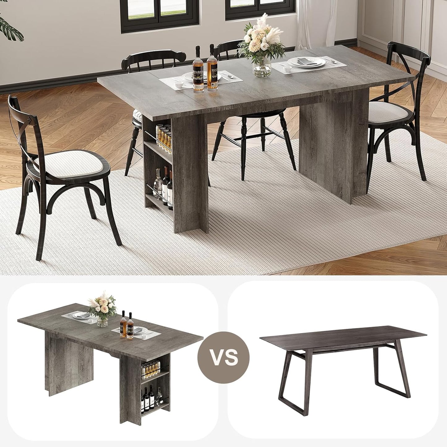 Garvee 63 Inch Dining Table for 2-4, Farmhouse Rectangular Kitchen Table with Waterproof Wood Tabletop, Heavy Duty Legs & 2-Tier Storage Shelves for Kitchen, Dining Room, Grey