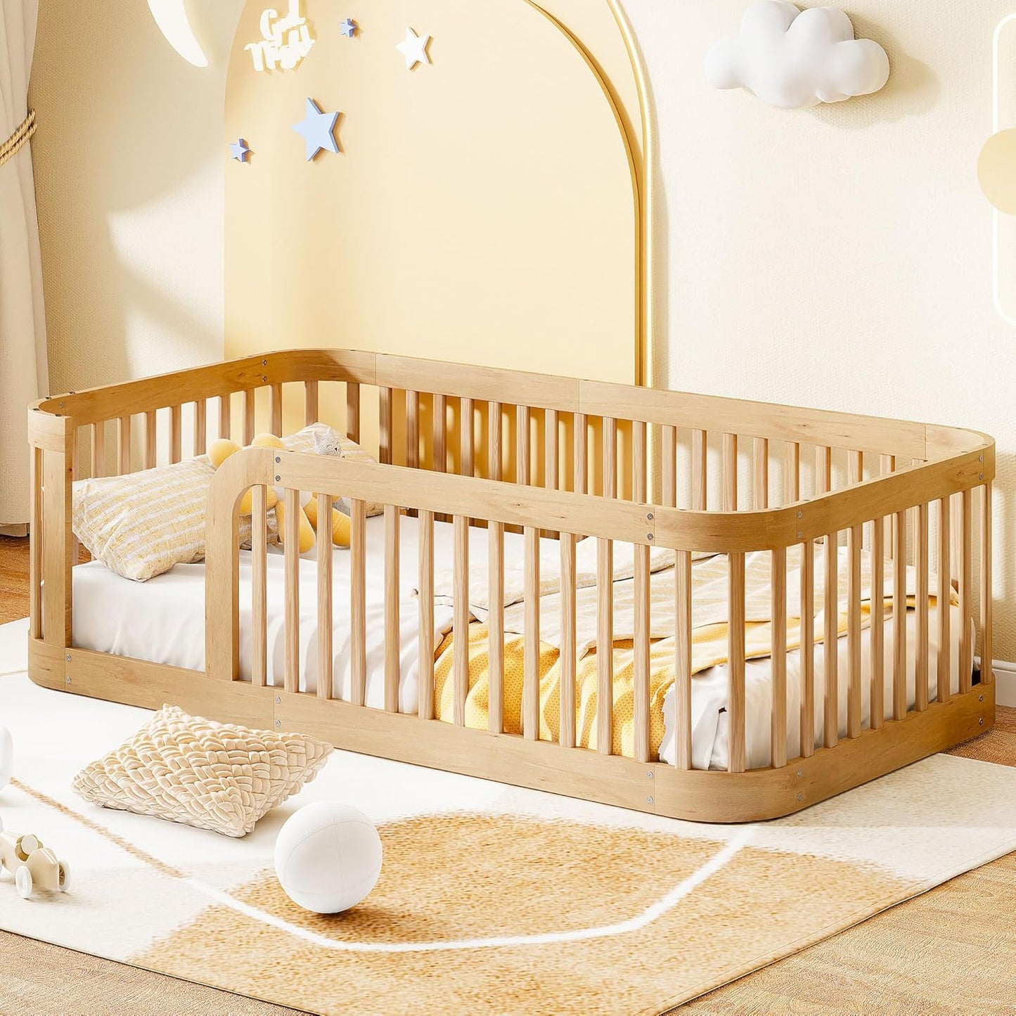 Bellemave Twin Floor Bed with High Fence and Rounded Corner Design, Wood Montessori Floor Bed with Guardrail and Entrance, Easy Assemble Montessori Bed Twin Size, Natural