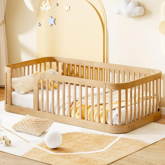 Bellemave Twin Floor Bed with High Fence and Rounded Corner Design, Wood Montessori Floor Bed with Guardrail and Entrance, Easy Assemble Montessori Bed Twin Size, Natural