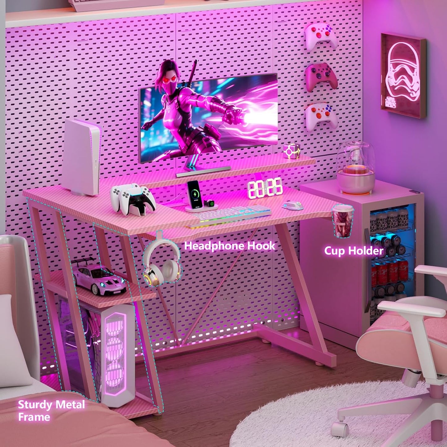 40 Inch Pink Gaming Desk with Power Outlet & LED Lights, Corner Computer Desk with 3 Tiers Storage Shelves, L Shaped Gaming Desk with Monitor Stand for Bedroom