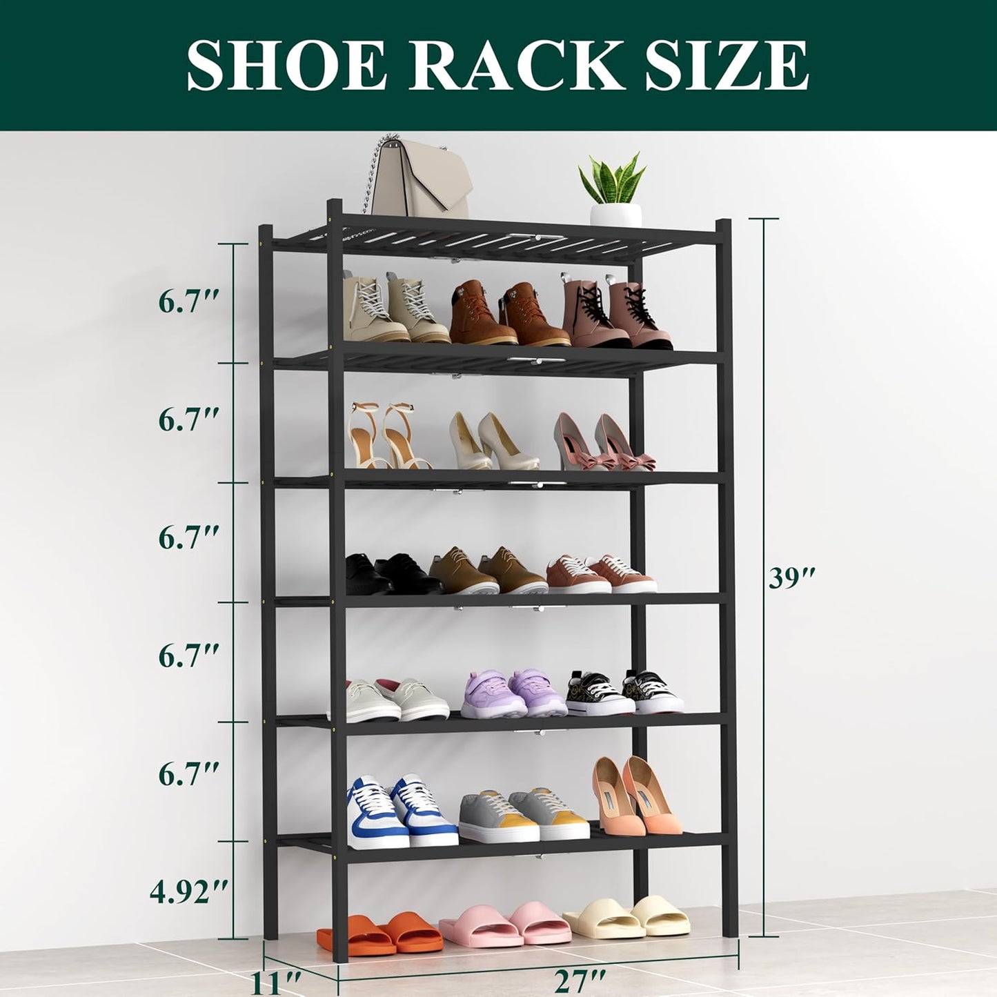 Smiry Shoe Rack, 6 Tier Thick Bamboo Shoe Organizer, Stackable Free Standing Wooden Shoe Storage Shelf for Closet, Entryway, Front Door Entrance, Black