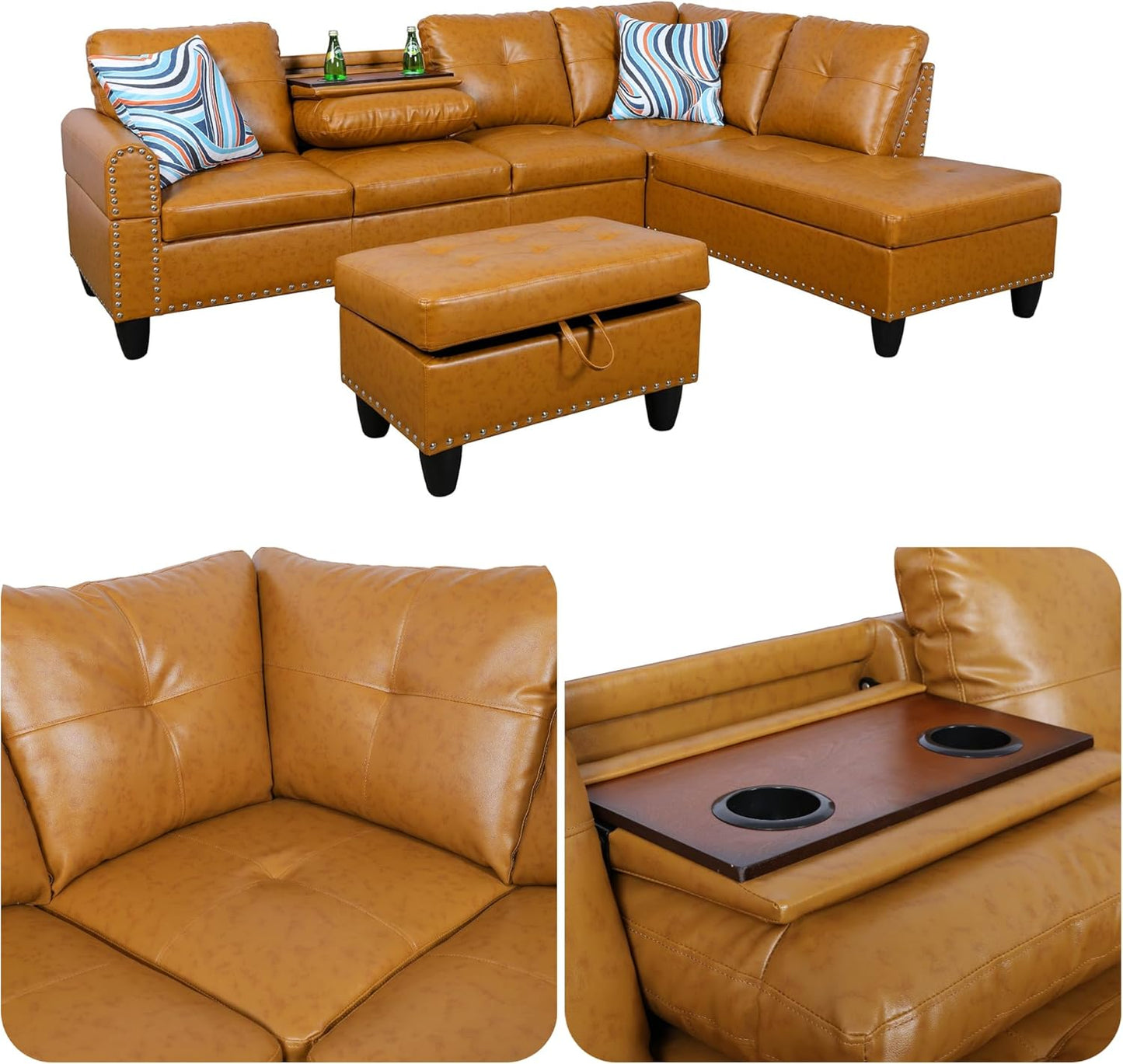 Modern Living Room Furniture Sets with Cup Holder, Modular Sectional Couches with Chaise Lounge, 4-Seaters L Shape Sofa with Storage Ottoman, for Living Room, Faux Leather, Ginger