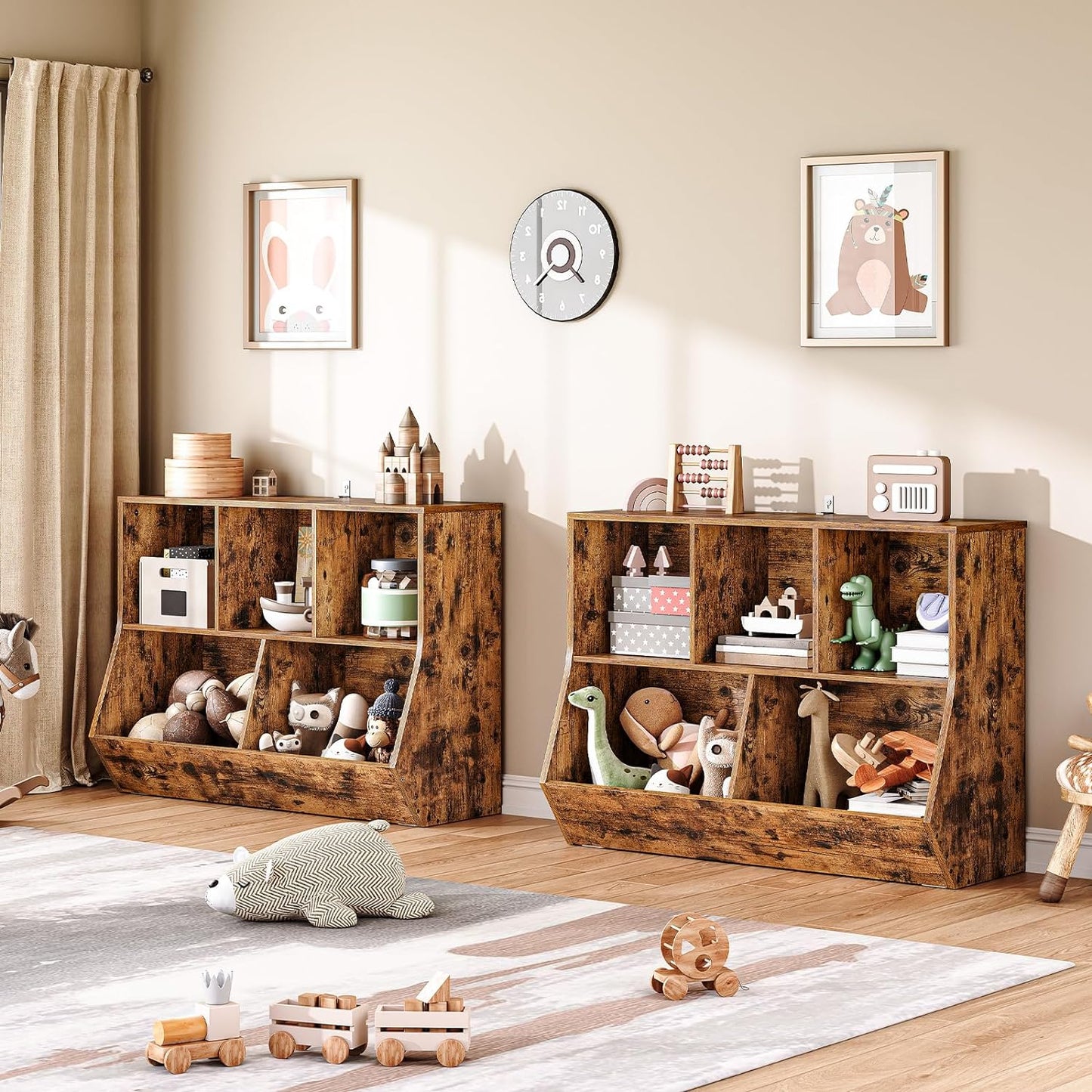 HOOBRO Kids Bookshelf, Bookcase Footboard, Toy Storage Cubby, Children's Toy Shelf, 39.4" L Toy Storage Cabinet, Fit for Children's Room, Playroom, Hallway, Kindergarten, Rustic Brown BF132CW01