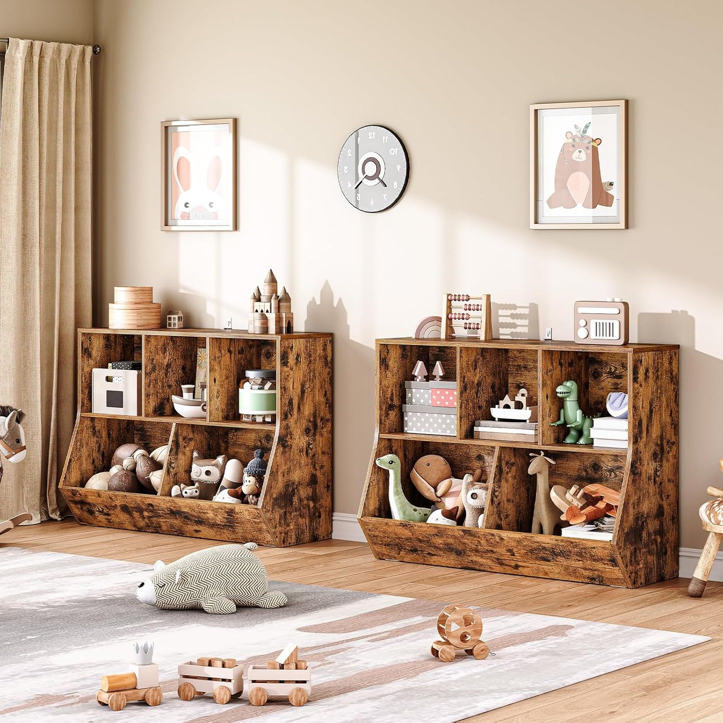 HOOBRO Kids Bookshelf, Bookcase Footboard, Toy Storage Cubby, 35.4" L Children's Toy Shelf, Toy Storage Cabinet, Fit for Children's Room, Playroom, Hallway, Kindergarten, Rustic Brown BF32CW01