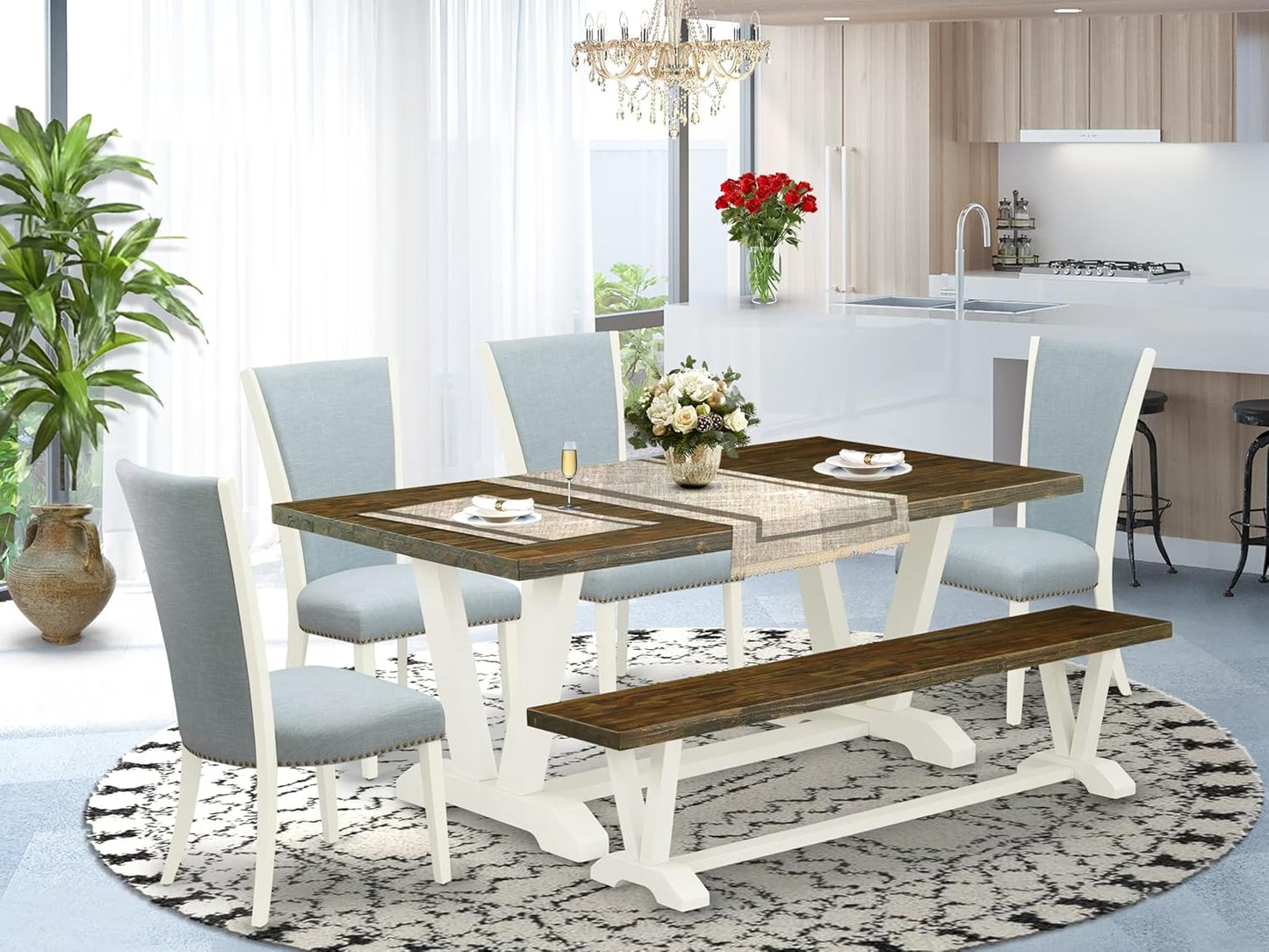 East West Furniture V077VE215-6 6 Piece Dining Table Set Contains a Rectangle Kitchen Table with V-Legs and 4 Baby Blue Linen Fabric Parson Chairs with a Bench, 40x72 Inch, Multi-Color