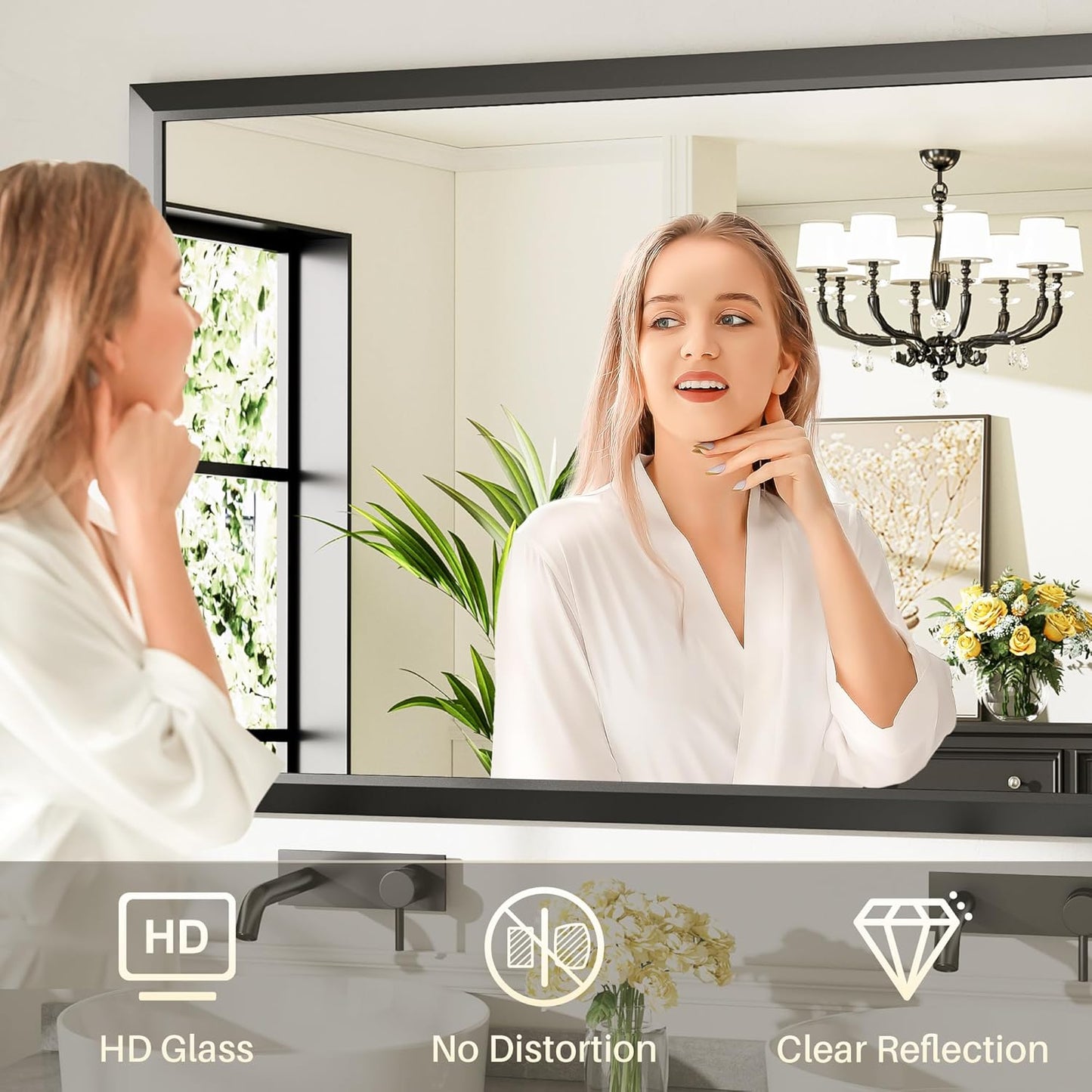 55x32 Inch Black Bathroom Mirror for Wall, Thick Metal Framed Rectangle Mirrors for Over Sink, Bedroom, Living Room, Entryway, Anti-Rust, HD Tempered Glass