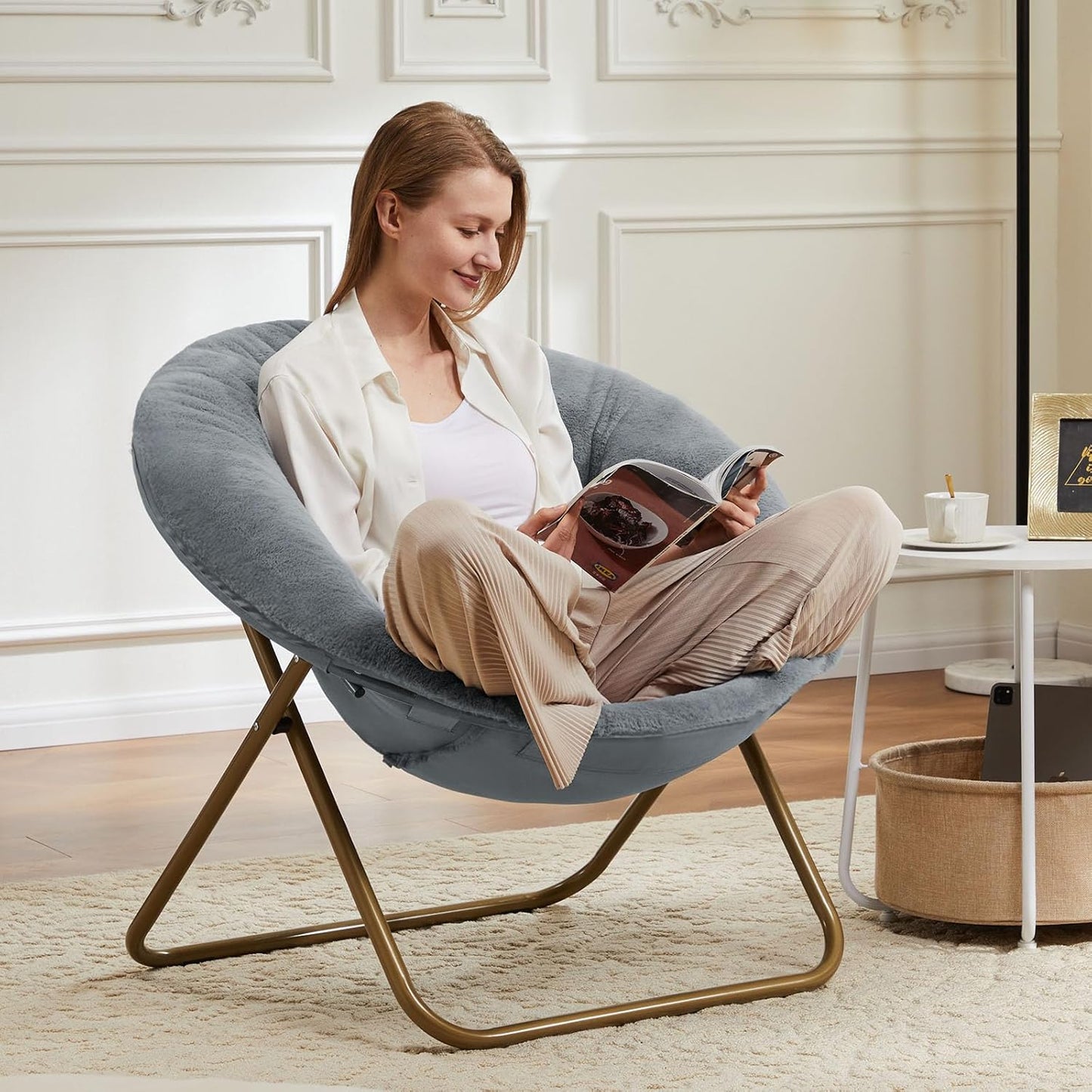 Saucer Chair Faux Fur with Soft and Thick Padded Seat Metal Frame, Modern Style Folding Cozy Chair for Bedroom, Living Room,XL, Grey