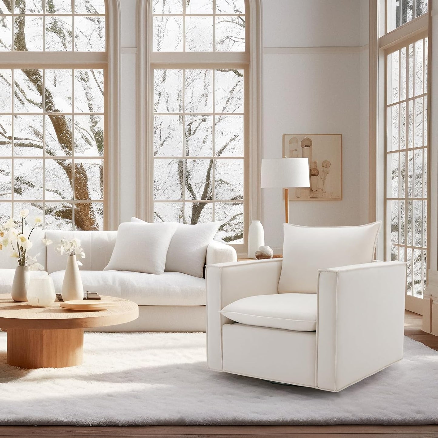 COLAMY Swivel Accent Chair, 34 Inches Upholstered Arm Chair with Plump Back Pillow, Modern Sofa Living Room Chair for Bedroom, Corner, Reading Beige