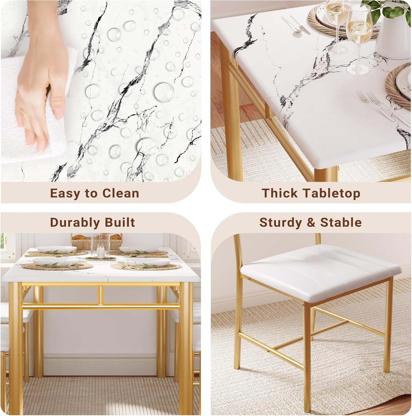 IRONCK Dining Table Set for 4, Wood Kitchen Table with Upholstered Chairs for Kitchen & Dining Room, Compact Dining Set for Small Spaces, White & Gold