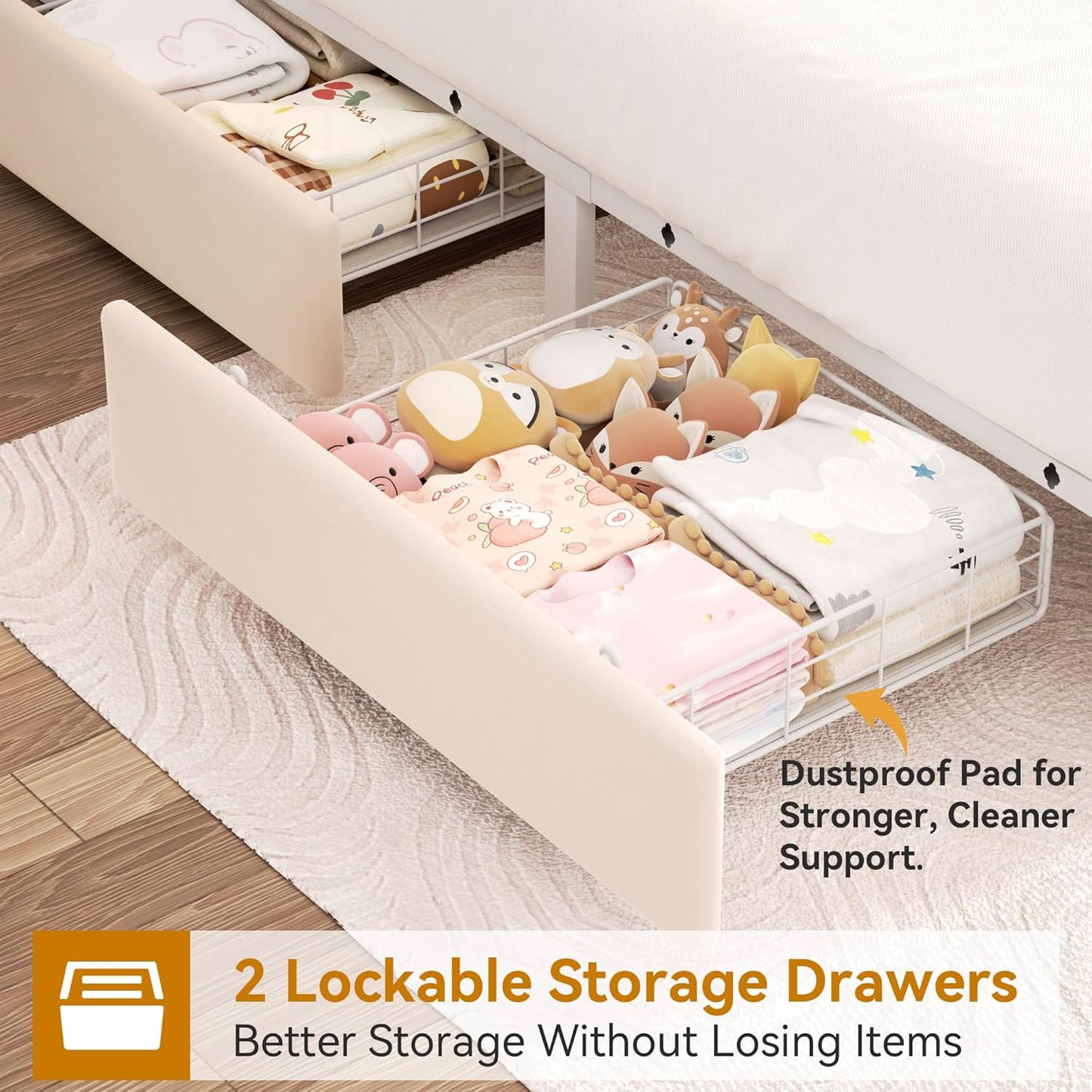 Queen Upholstered LED Bed Frame with 2 Storage Drawers and 2-Tier Storage Headboard,Velvet Princess Platform Bed with Charging Station & Bookcase, Corner Bed Frame, Heavy Duty Metal Support, Beige