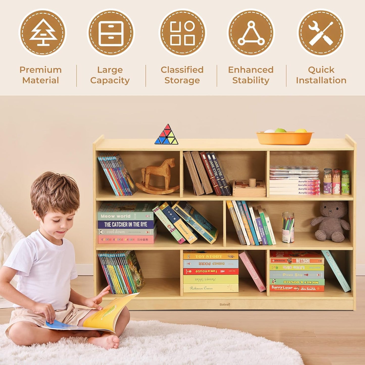 Toy Storage Organizer for Kids Room, Wooden Kids Bookshelf for Classroom, Cube Storage Organizer for Playroom, 8-Section Montessori Bookshelf & Toy Shelf for Nursery