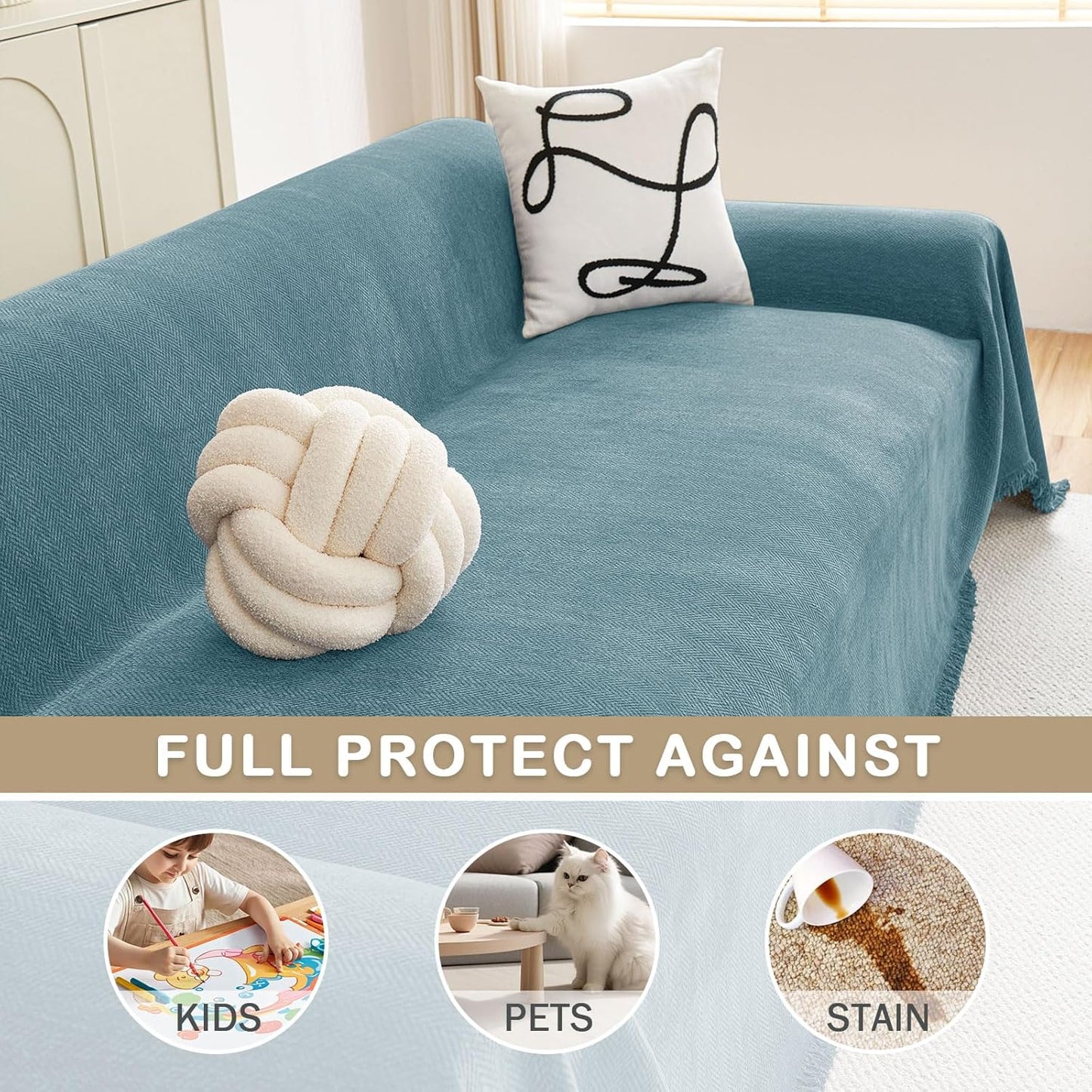 hyha Couch Cover for Dogs, Boho Sofa Covers for 3 Cushion Couch Washable, Chenille Sofa Slipcover for Pets, Soft Loveseat Sectional Couch Throw Blankets with Tassels (Blue, 71x150 Inch)