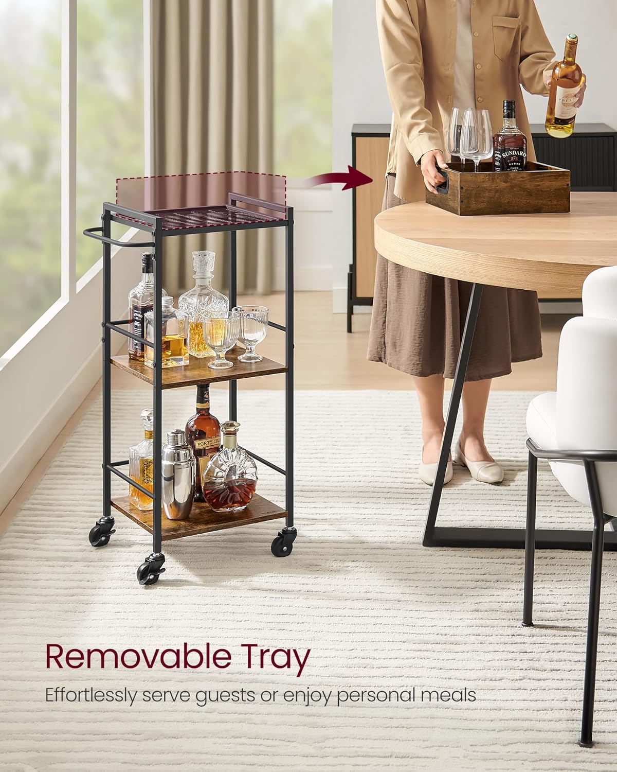 VASAGLE Kitchen Serving Cart with Removable Tray, 3-Tier Kitchen Utility Cart on Wheels with Storage, with Brakes, Leveling Feet, 11.8 x 13.7 x 33.9 Inches, Rustic Brown and Black ULRC062B01