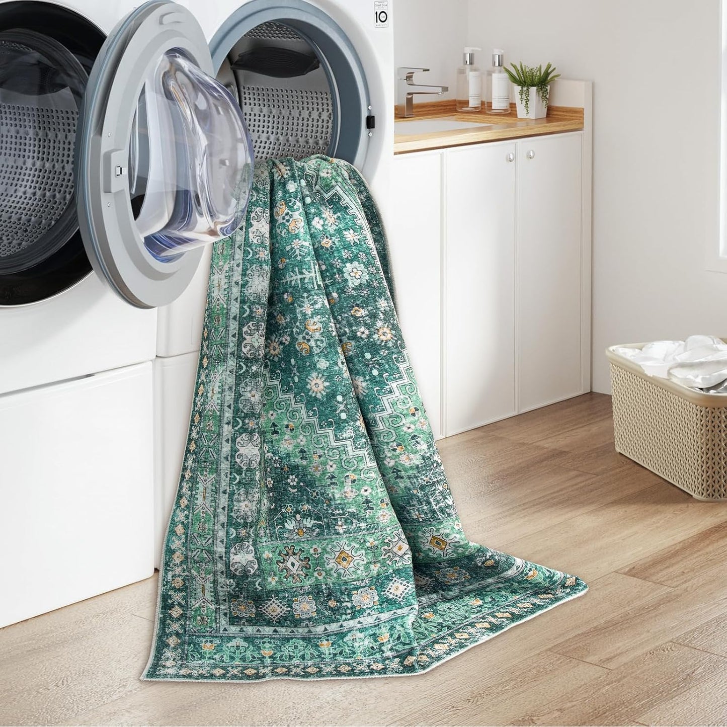 zesthome 8x10 Area Rugs for Living Room,Non-Slip Backing Washable Rugs,Vintage Large Area Rug，Stain Resistant Home Decor Rug(Green/Teal,8'x10')