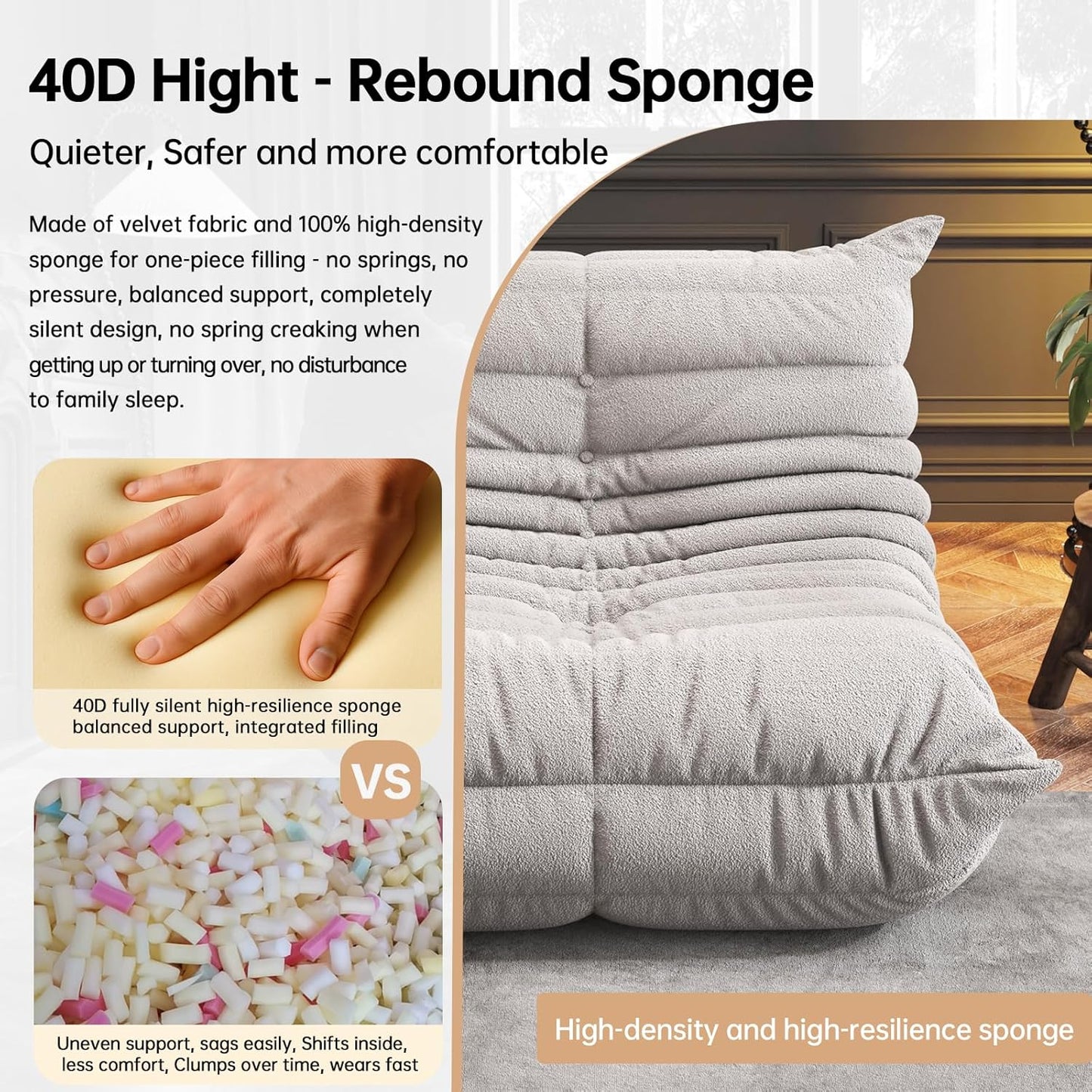 Bean Bag Chairs for Adults, BeanBag Reading Chair Memory Foam Couch 3-Seater, Floor Chair Soft Teddy Material, Comfy Reading Nook Chairs for Bedroom Living Room Office (Grey)