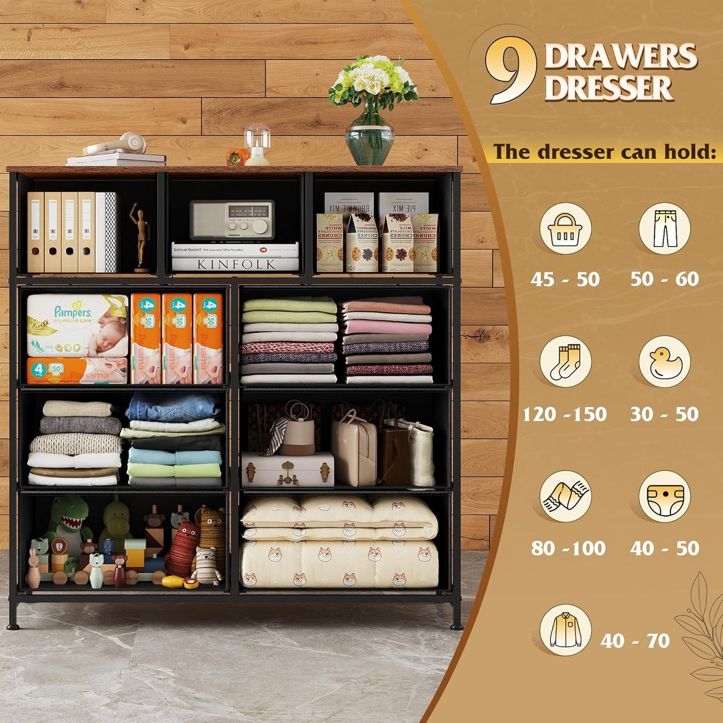 WLIVE 9 Drawer Dresser, Fabric Storage Tower for Bedroom, Hallway, Closet, Tall Chest Organizer Unit for Bedroom with Fabric Bins, Steel Frame, Wood Top, Easy Pull Handle, Black and Rustic Brown