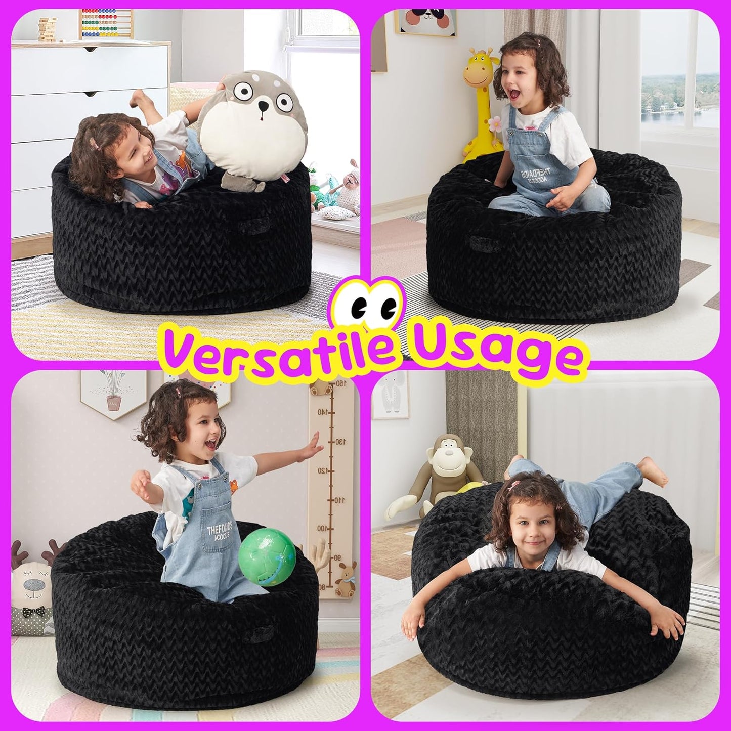 Hobestluk Bean Bag Chairs 2.5FT Bean Bag Chair with Memory Foam Filled & Chevron Plush Fur Cover Small Bean Bag Chairs for Playroom, Living Room, Bedroom (Black)