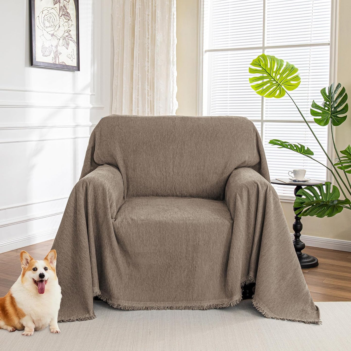 MYSKY HOME Chair Couch Cover Sectional Couch Covers for Pet Sofa Covers Non Slip Soft Couch Sofa Cover, Washable Furniture Protector Sofa Slipcover with Tassel Sofa Throws Living Room, 71"x91", Sand